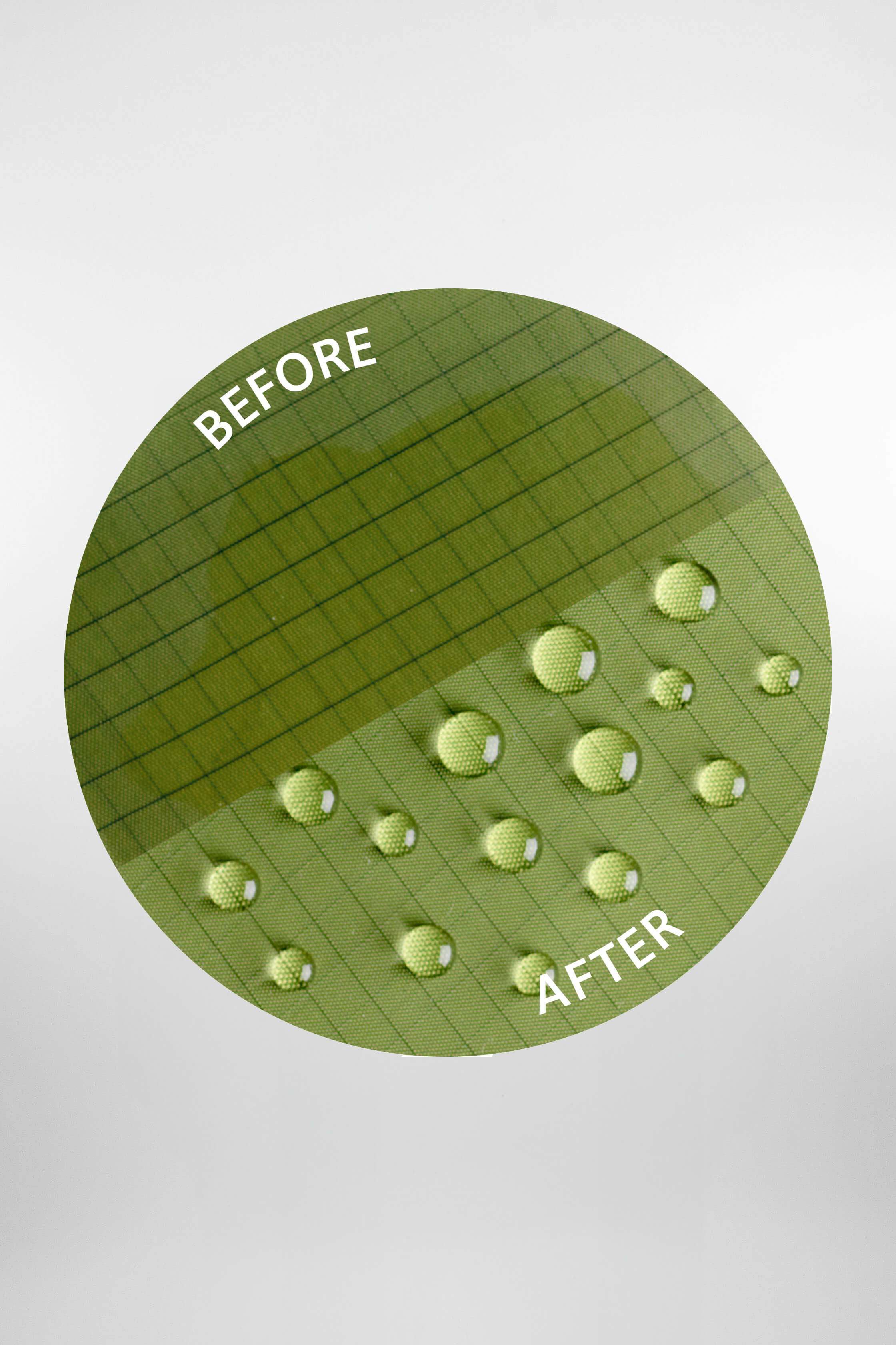 A picture of a before and after when using Organotex spray-on textile waterproofing