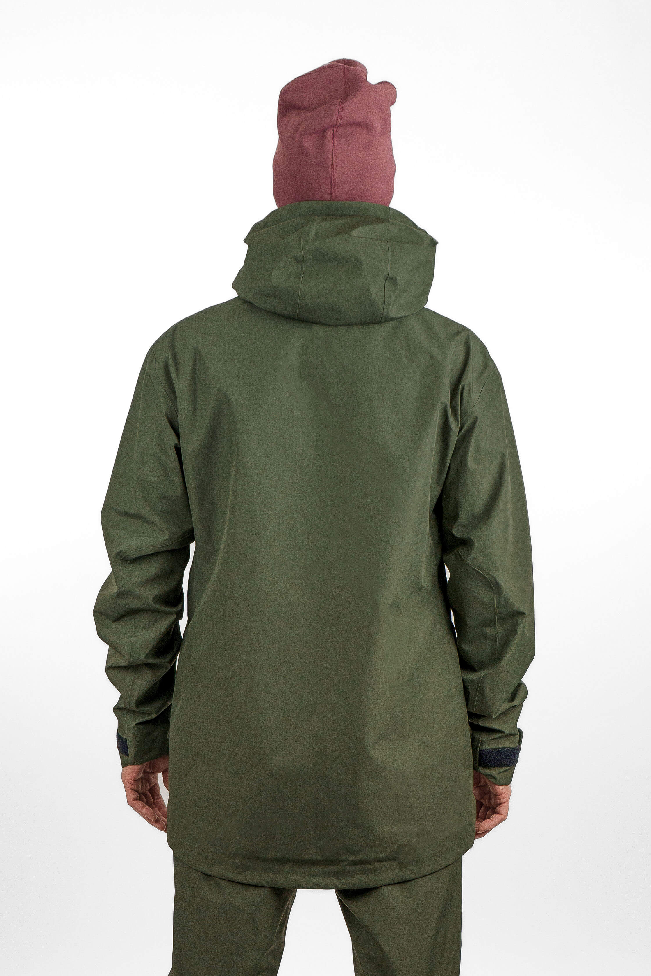 Green hardshell jacket in unisex sizing - back view of the Arctic Legacy Nuka Elements 3 layer Jacket#color_dusty-olive