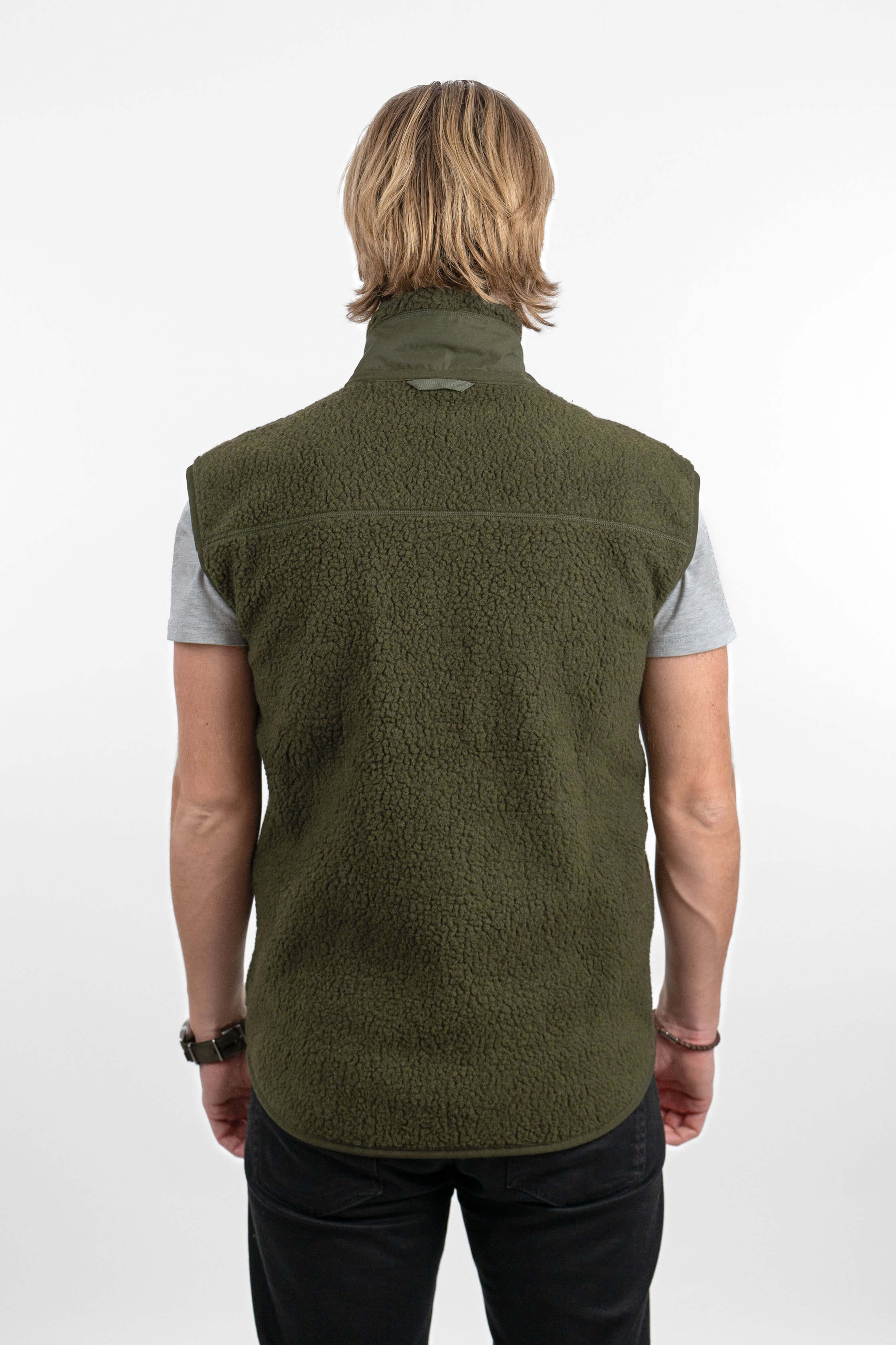 Men's green pile fleece vest - back view of the Arctic Legacy Kima Explorer Pile Vest#color_dark-army-green