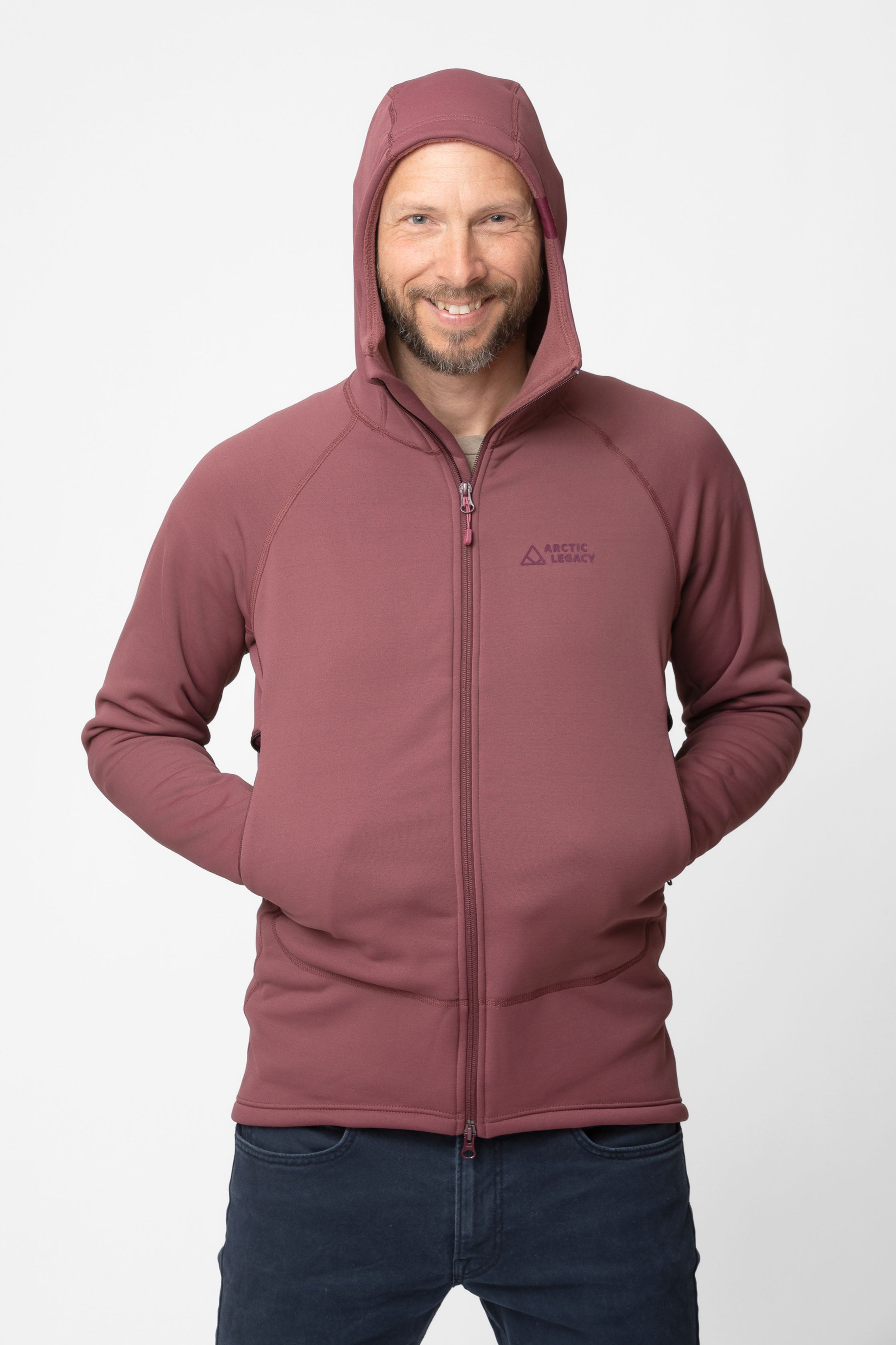 Men's purple fleece jacket - front view with hood up of the Arctic Legacy Nanuk Pro Fleece Hoodie#color_crushed-berry