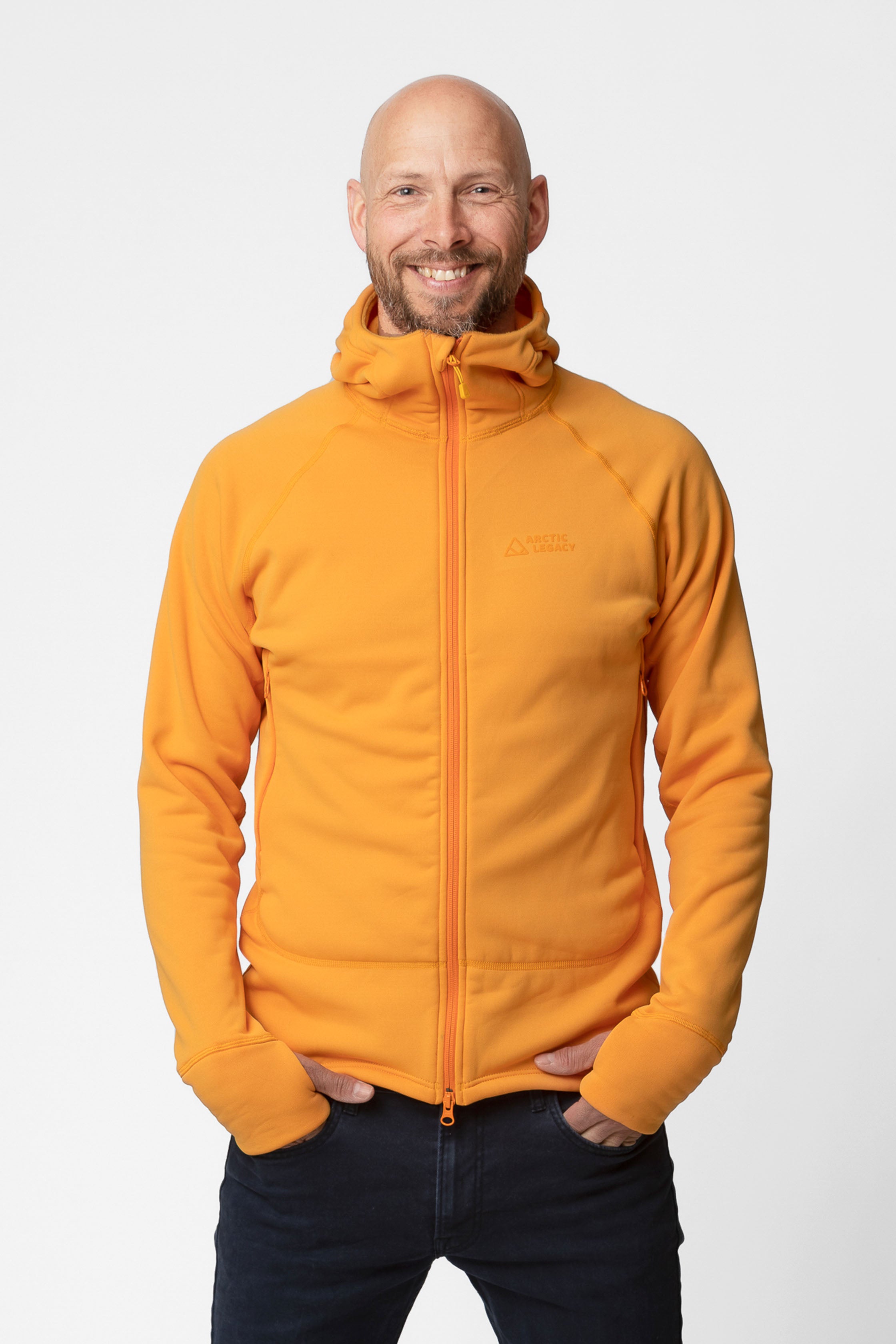 Men's orange yellow fleece jacket - front view of the Arctic Legacy Nanuk Pro Fleece Hoodie#color_zinnia
