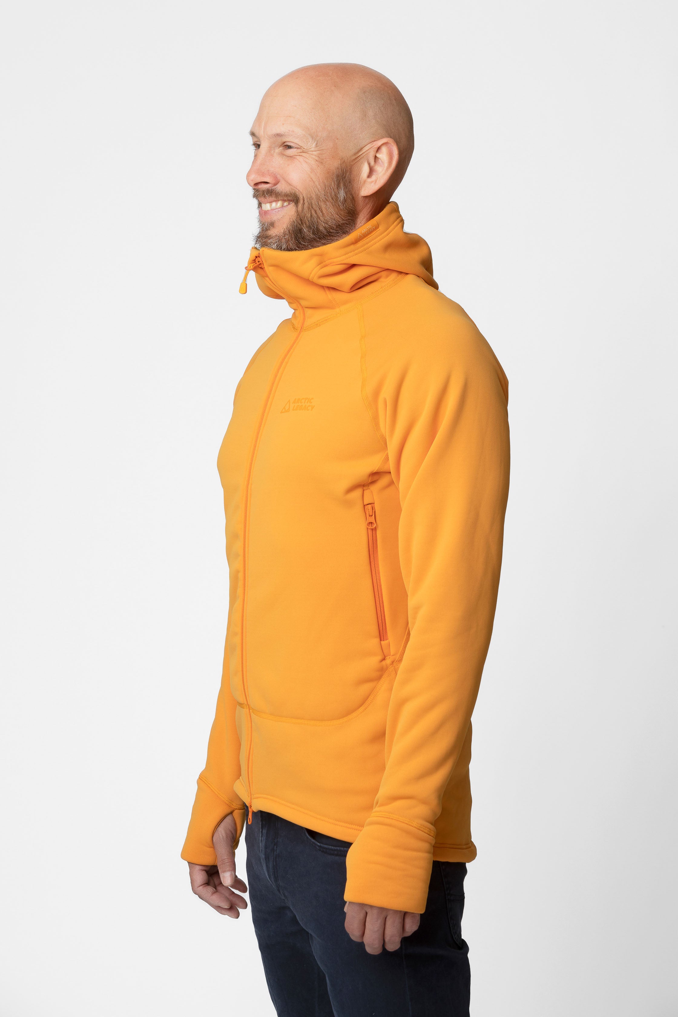 Men's orange yellow fleece jacket - side view of the Arctic Legacy Nanuk Pro Fleece Hoodie#color_zinnia