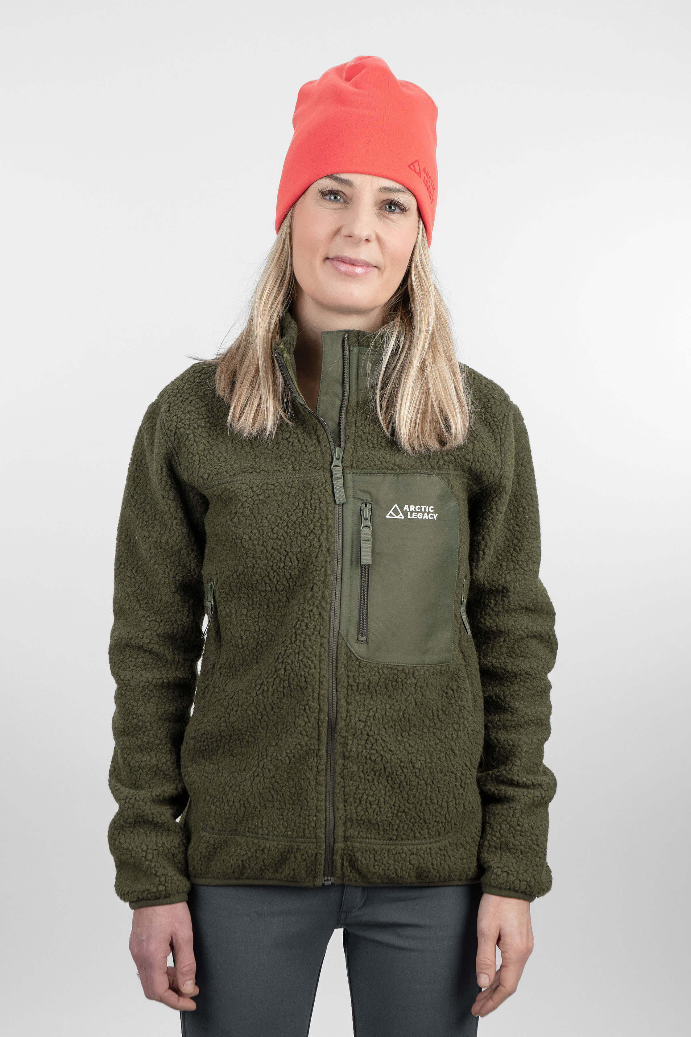 women's green pile fleece jacket - front view of the Arctic Legacy Kima Explorer Pile Jacket#color_dark-army-green