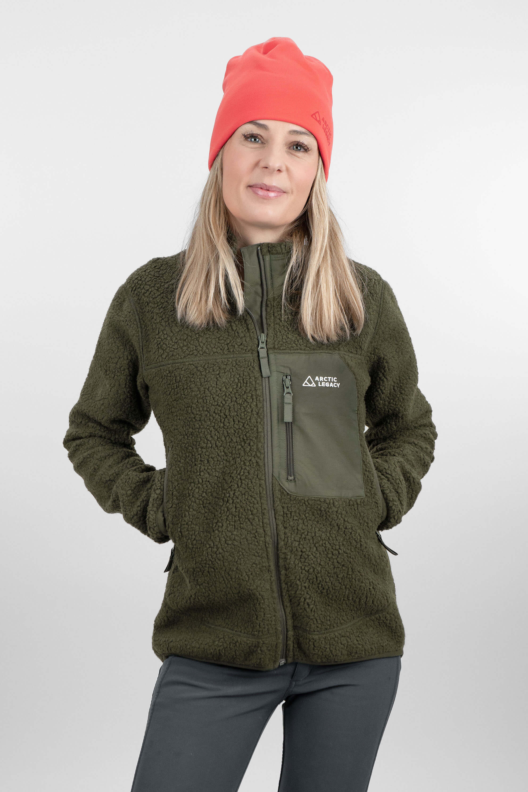 women's green pile fleece jacket - front view of the Arctic Legacy Kima Explorer Pile Jacket#color_dark-army-green