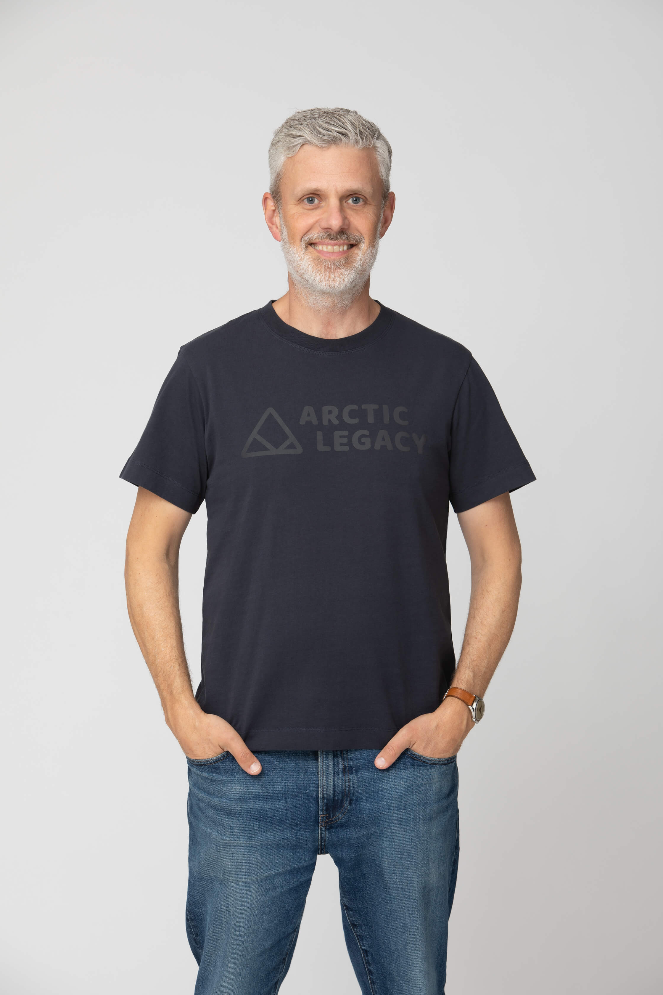 Men's blue t-shirt - front view of the Arctic Legacy Milo Organic Tee#color_dark-navy