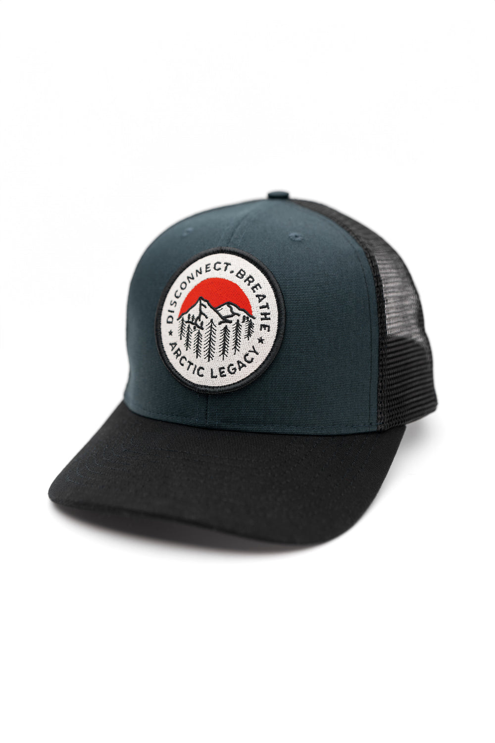 Blue and black trucker hat - front view of the Arctic Legacy Europe Trucker Hat#color_night-blue-black