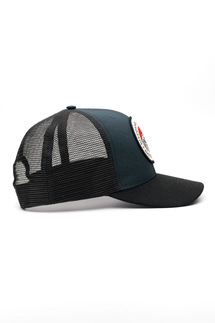 Blue and black trucker hat - right side view of the Arctic Legacy Europe Trucker Hat#color_night-blue-black