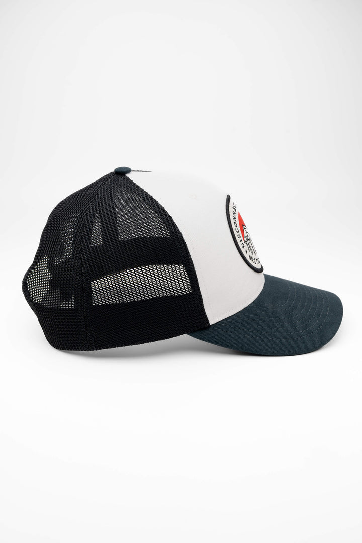 Blue and Off White trucker hat - side view of the Arctic Legacy Europe Trucker Hat#color_night-blue-off-white-black