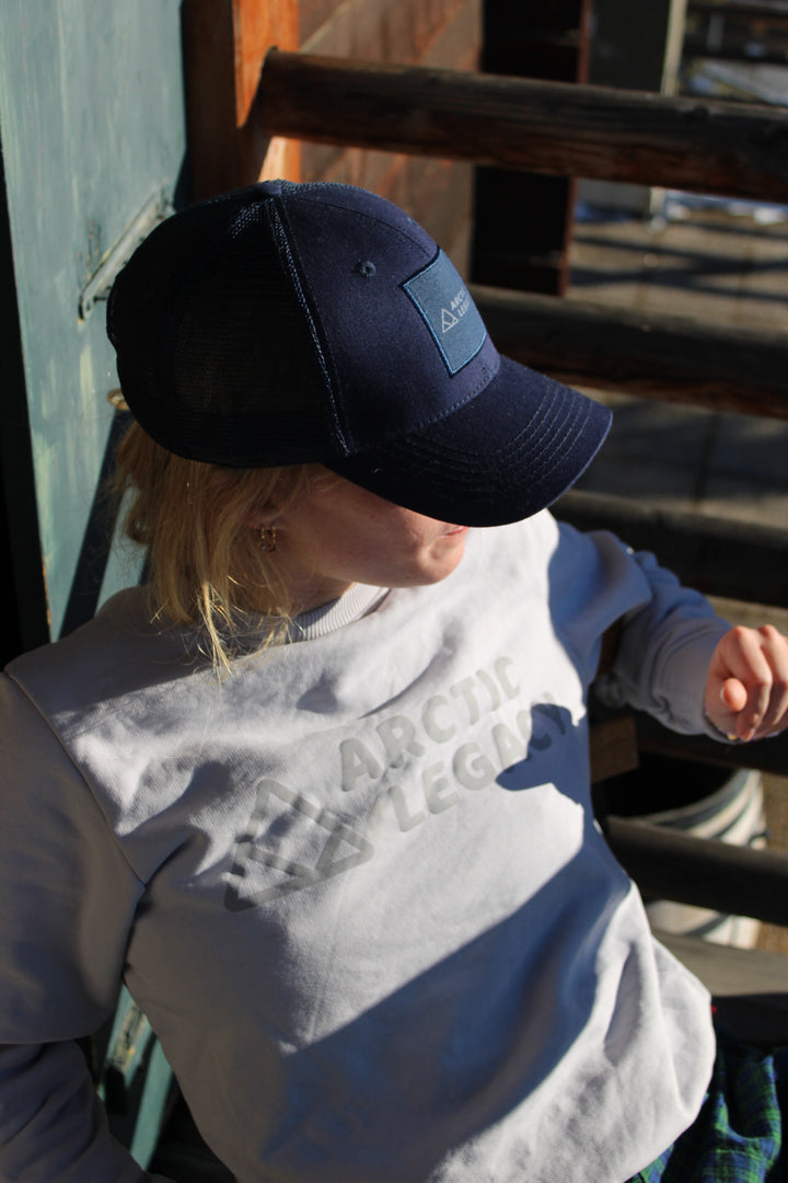 Women’s grey sweatshirt - front view of the Arctic Legacy Ember Organic Crew Sweater#color_northern-droplet