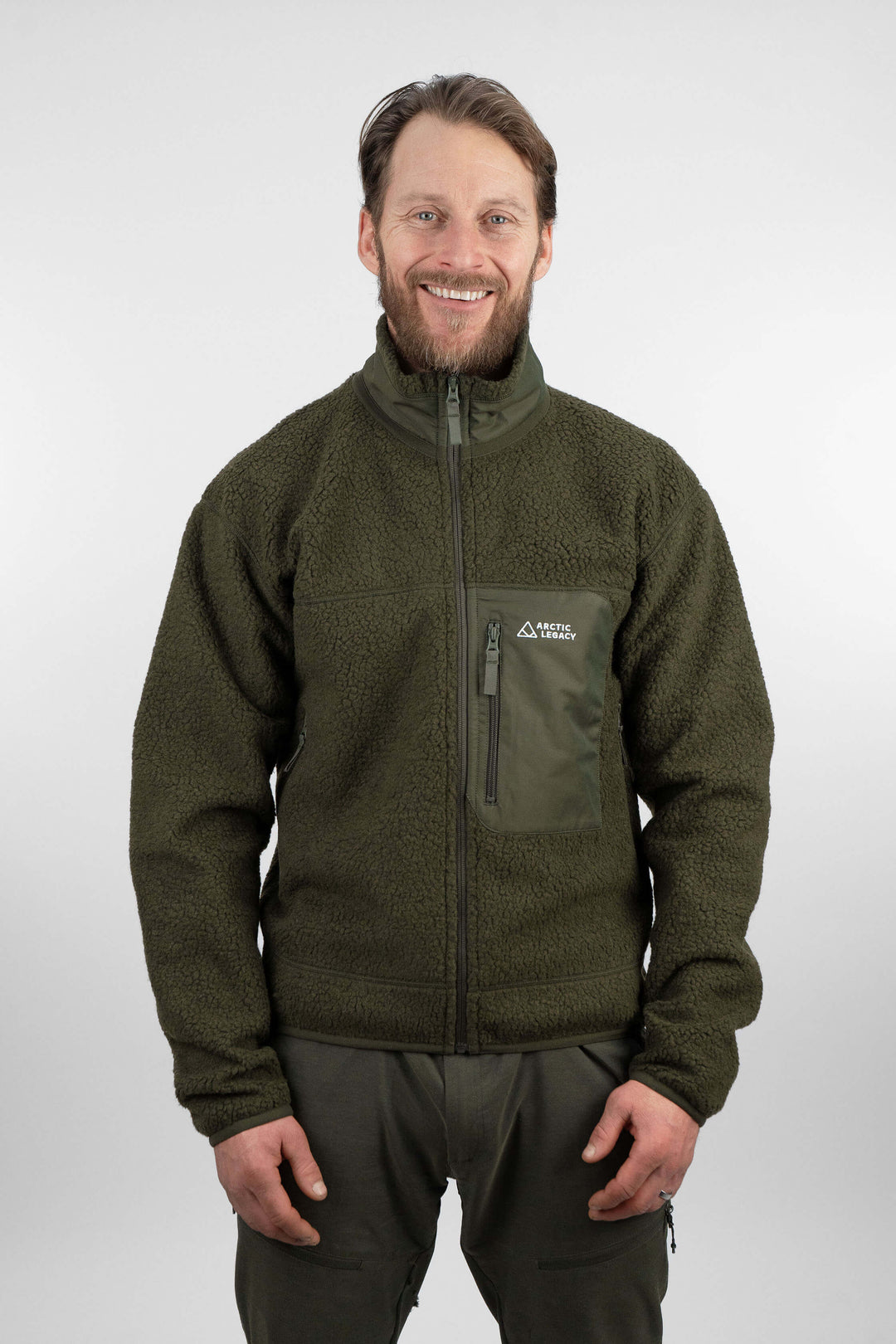 Men's green pile fleece jacket - front view of the Arctic Legacy Kima Explorer Pile Jacket#color_dark-army-green