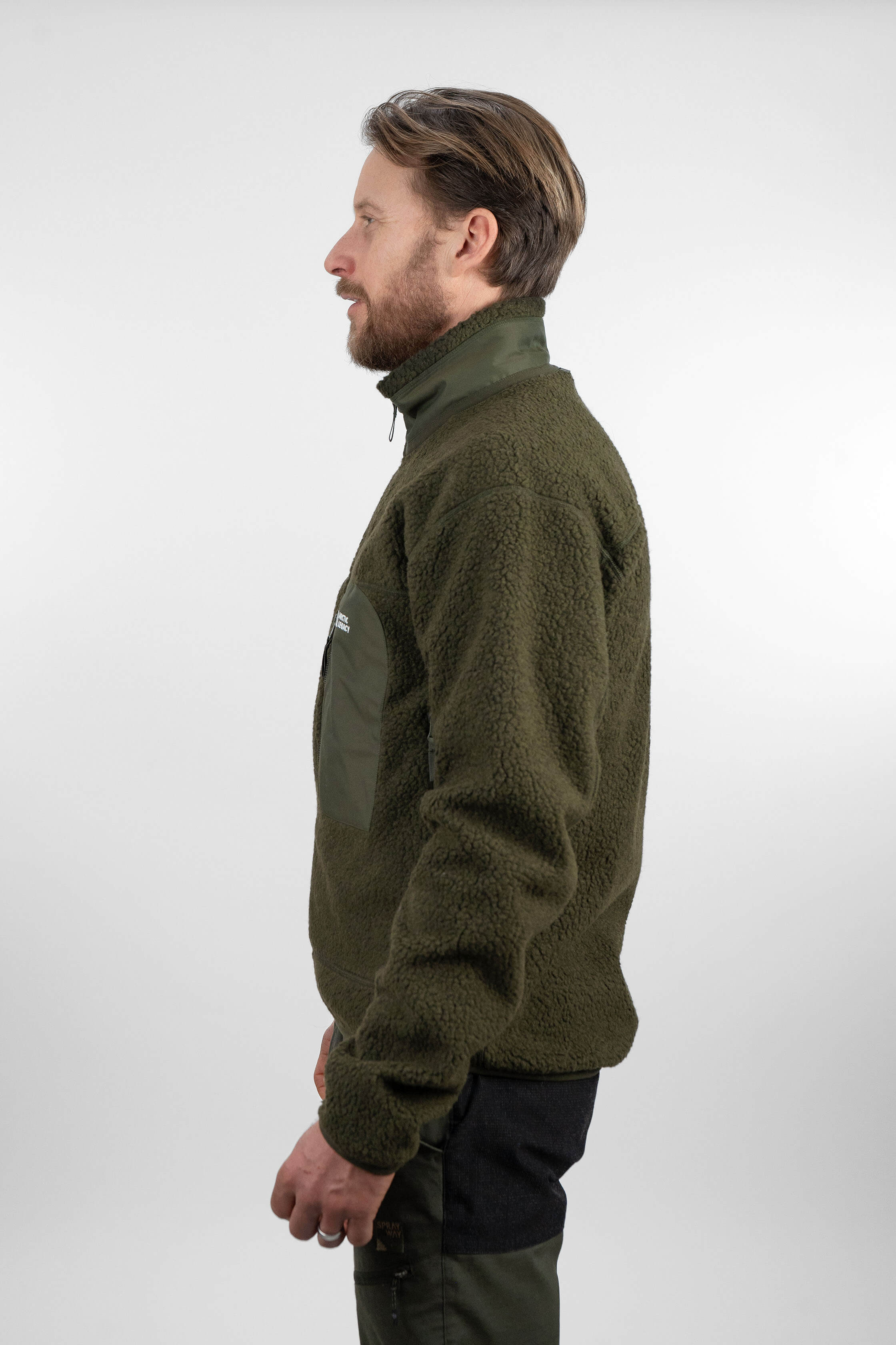 Men's green pile fleece jacket - side view of the Arctic Legacy Kima Explorer Pile Jacket#color_dark-army-green