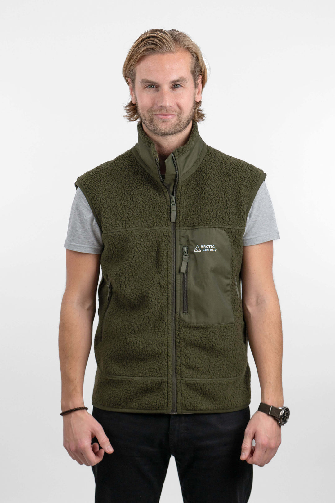 Men's green pile fleece vest - front view of the Arctic Legacy Kima Explorer Pile Vest#color_dark-army-green