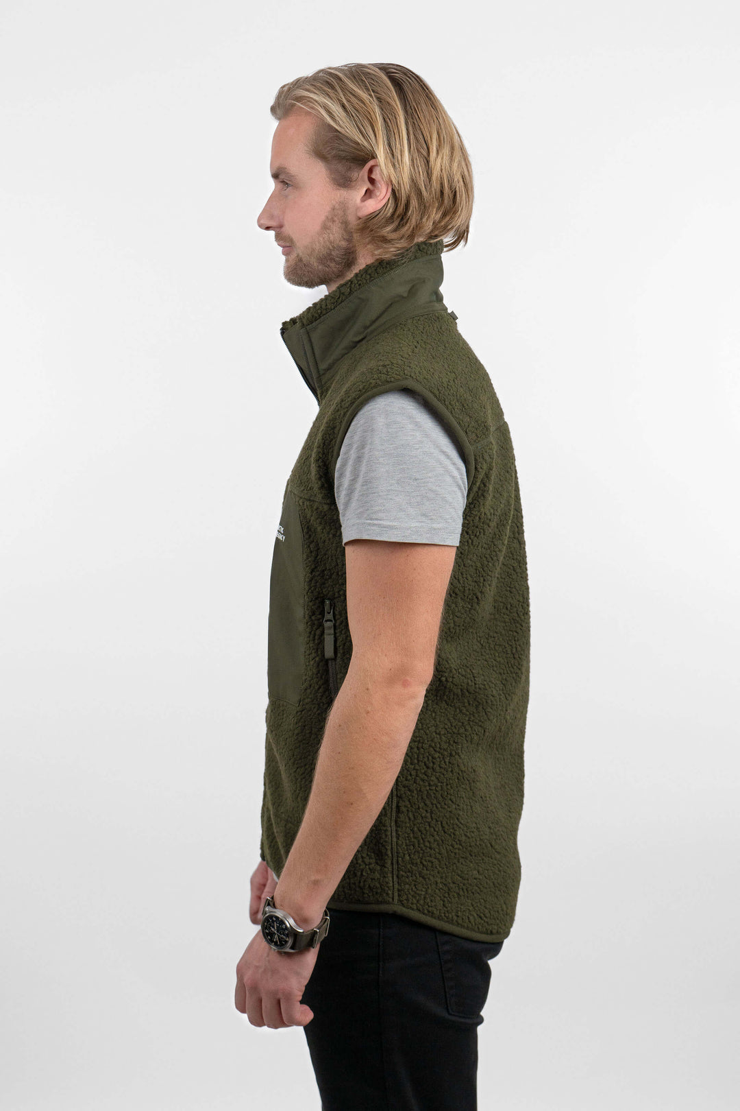 Men's green pile fleece vest - side view of the Arctic Legacy Kima Explorer Pile Vest#color_dark-army-green