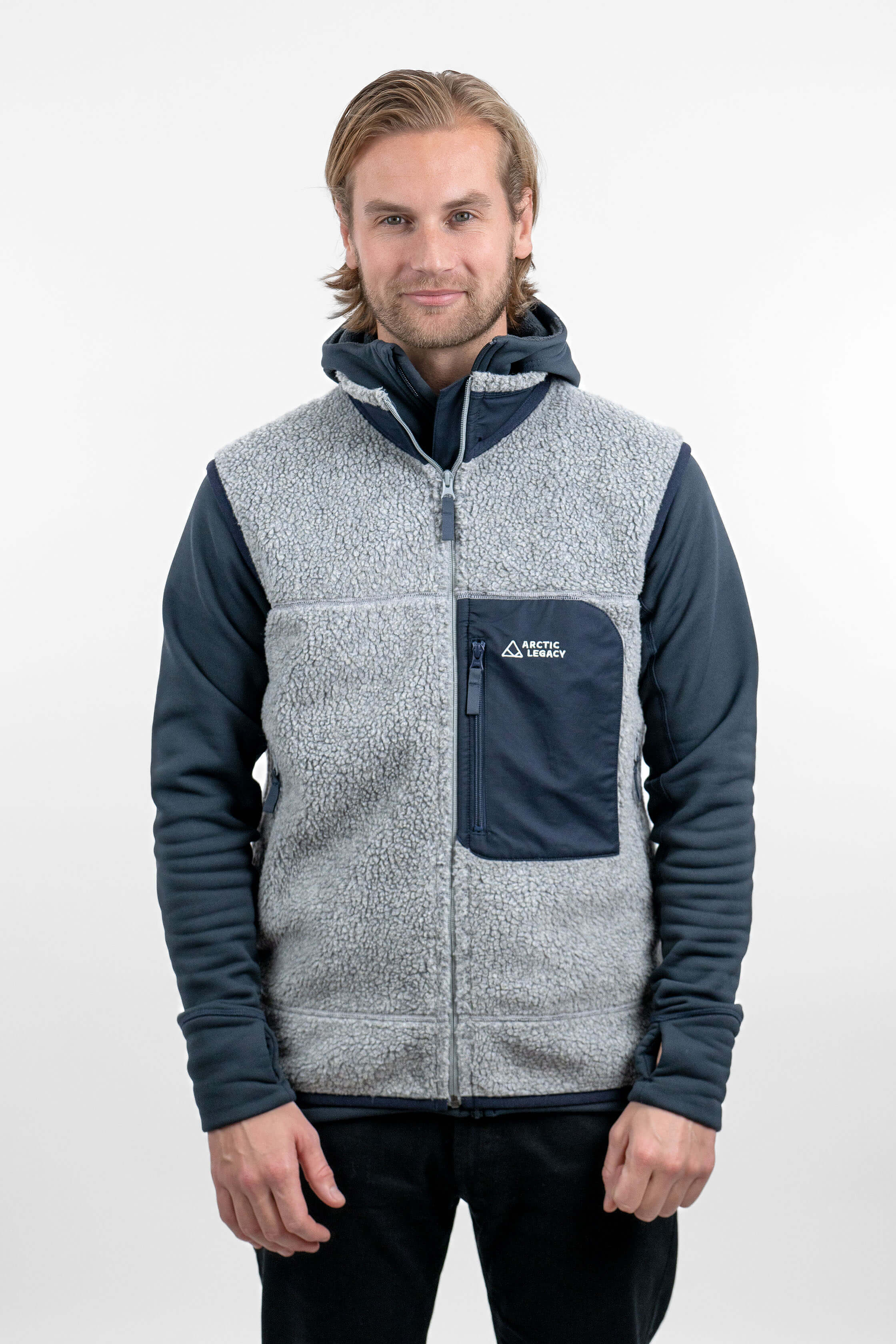 Men's grey pile fleece vest - front view of the Arctic Legacy Kima Explorer Pile Vest#color_silver-ash