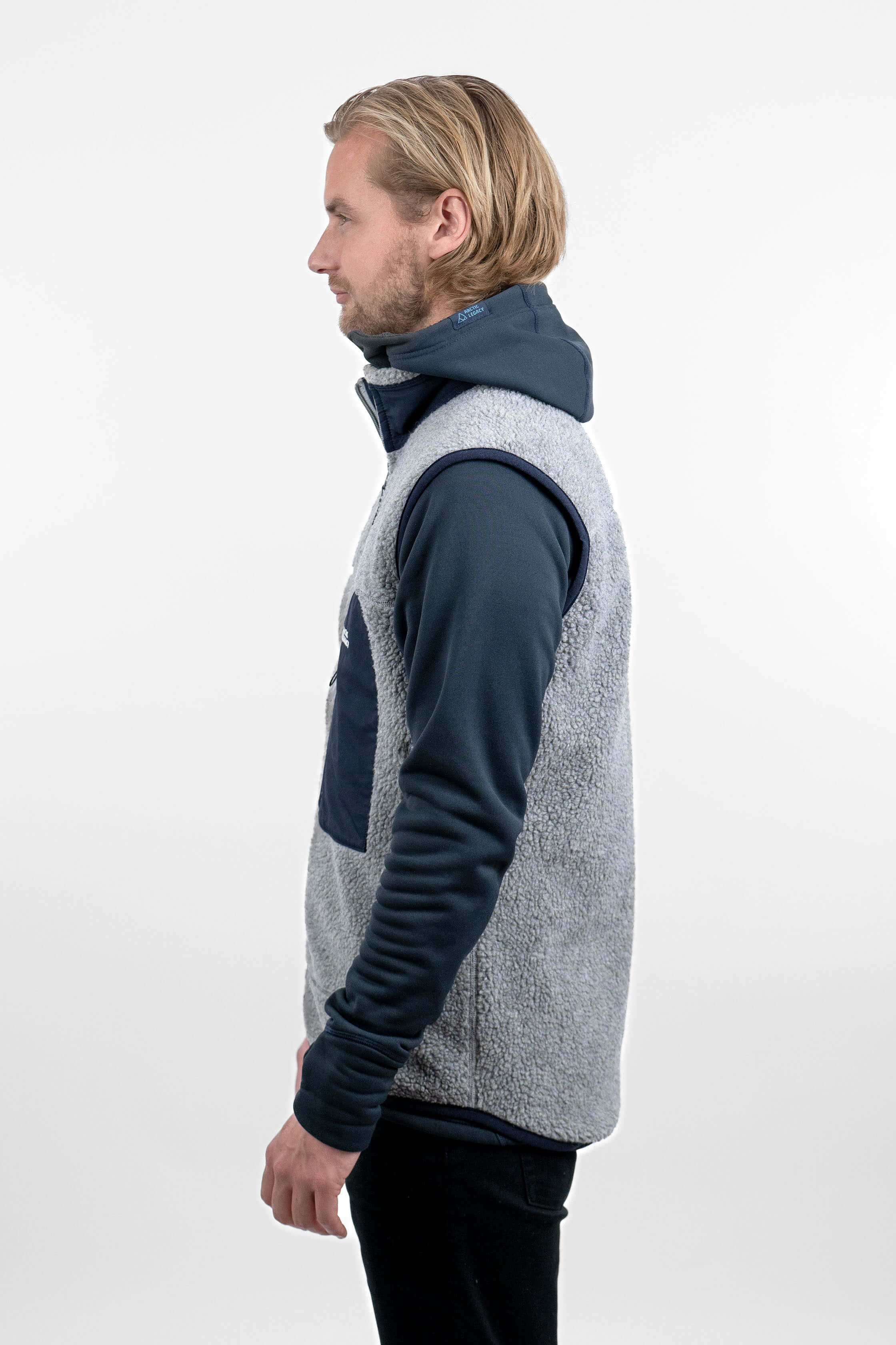 Men's grey pile fleece vest - side view of the Arctic Legacy Kima Explorer Pile Vest#color_silver-ash