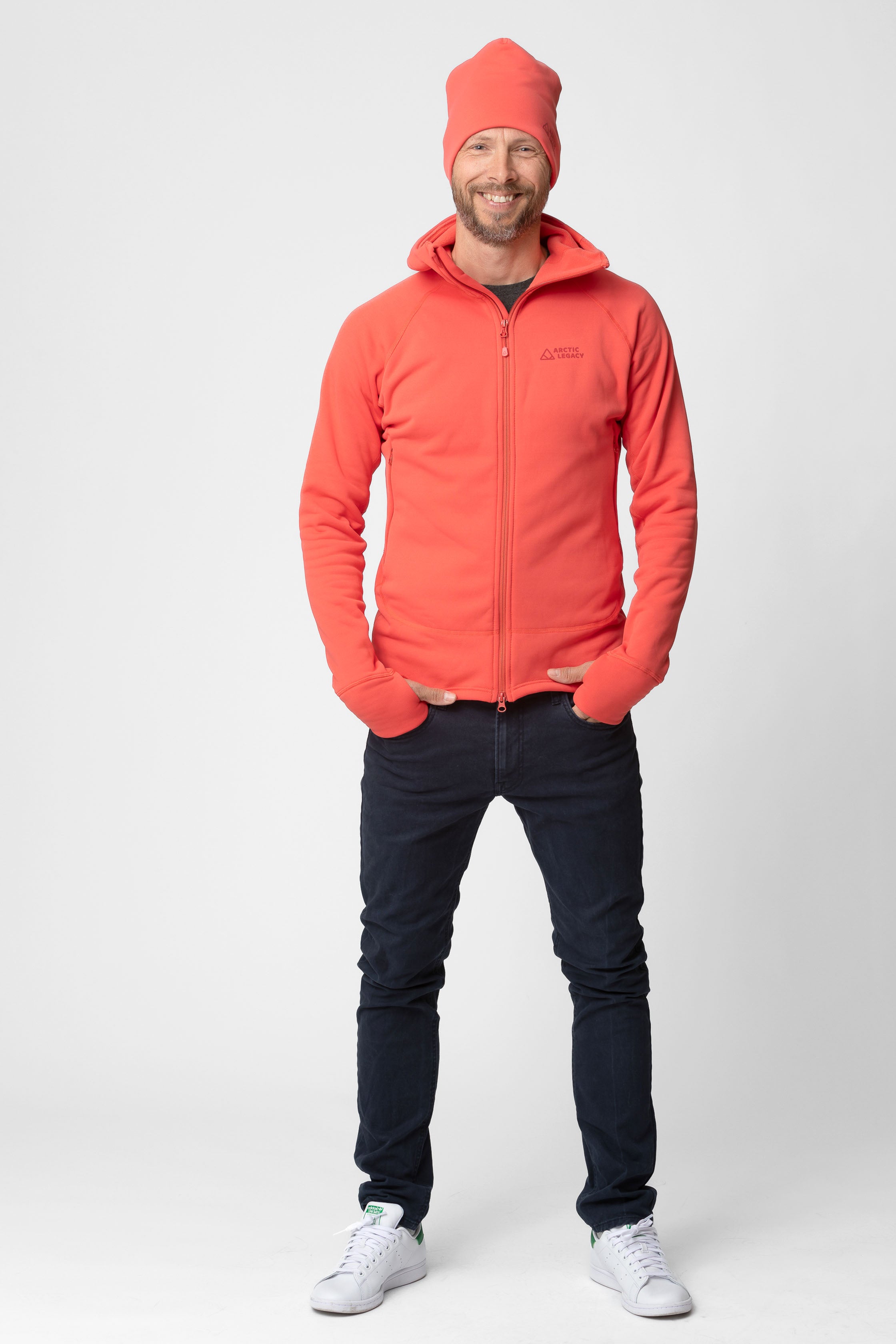 Men's pink red fleece jacket - full body view of the Arctic Legacy Nanuk Pro Fleece Hoodie#color_cayenne