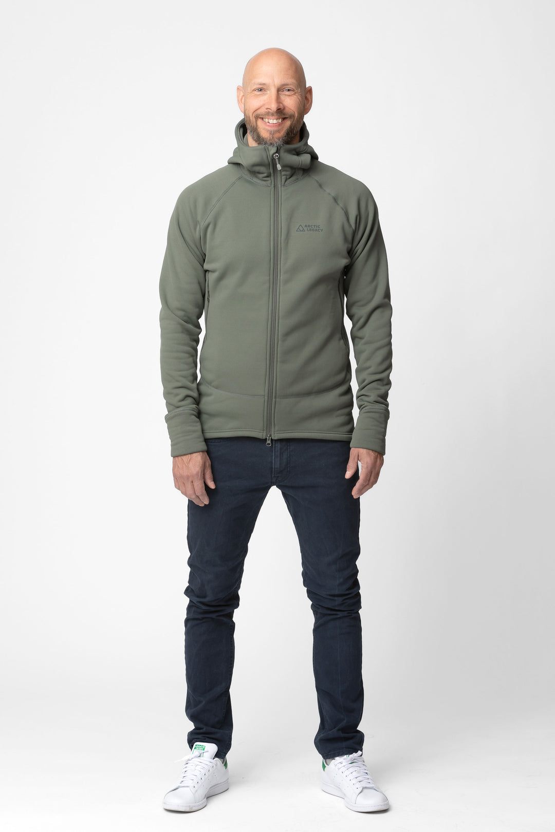 Men's green fleece jacket - full body front view of the Arctic Legacy Nanuk Pro Fleece Hoodie#color_dusty-olive