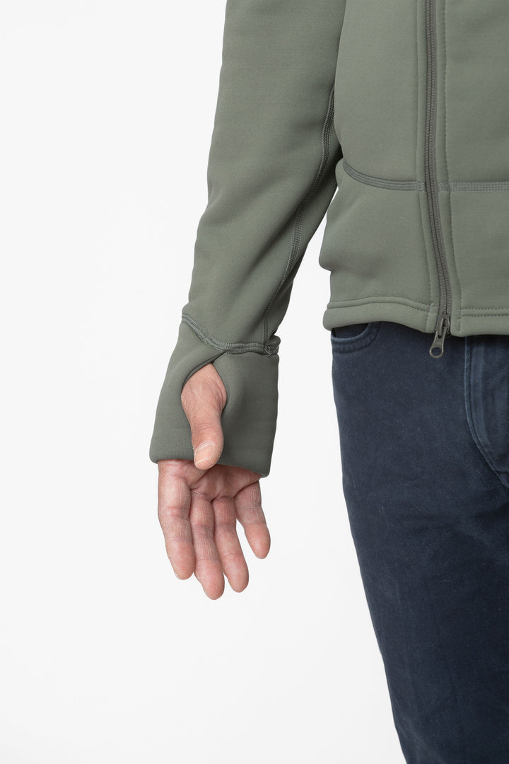 Men's green fleece jacket - wrist view of the Arctic Legacy Nanuk Pro Fleece Hoodie#color_dusty-olive