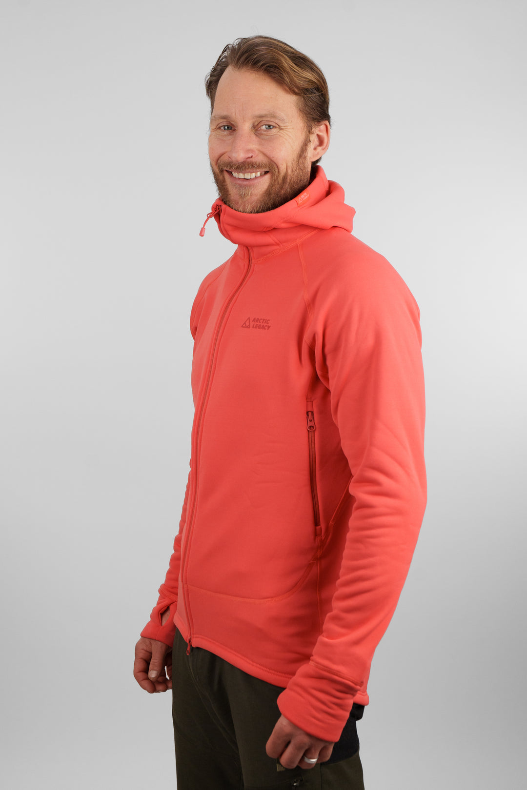 Men's pink red fleece jacket -side view of the Arctic Legacy Nanuk Pro Fleece Hoodie#color_cayenne