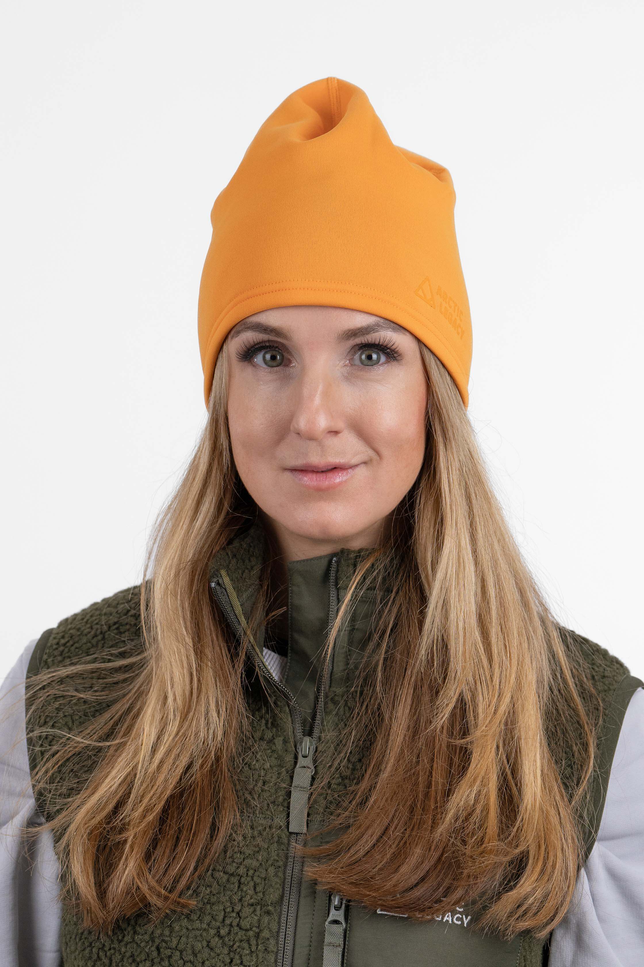 Orange yellow fleece hat - front view of the Arctic Legacy Willow Single Layer Beanie#color_zinnia