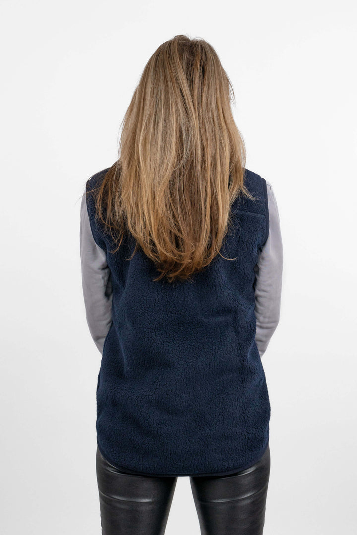 women's blue pile fleece vest - back view of the Arctic Legacy Kima Explorer Pile Vest#color_indigo-blue