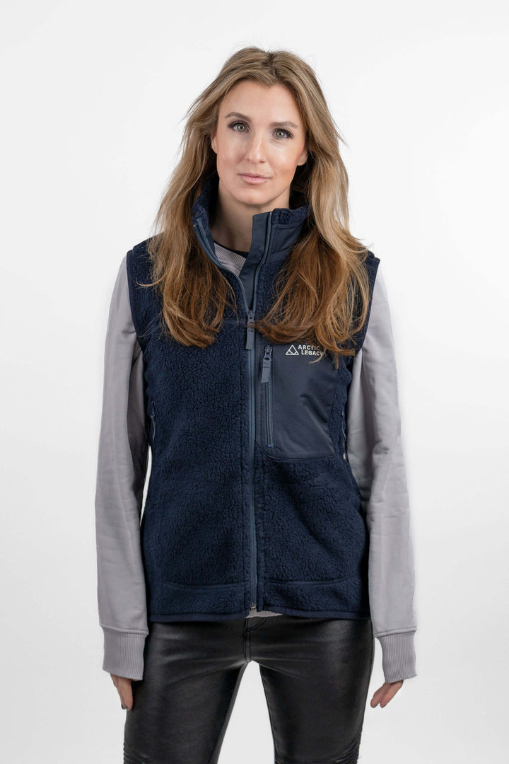 women's blue pile fleece vest - front view of the Arctic Legacy Kima Explorer Pile Vest#color_indigo-blue