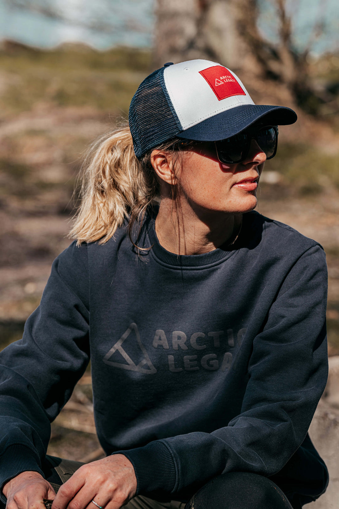 Women’s blue sweatshirt - front view of the Arctic Legacy Ember Organic Crew Sweater#color_dark-navy