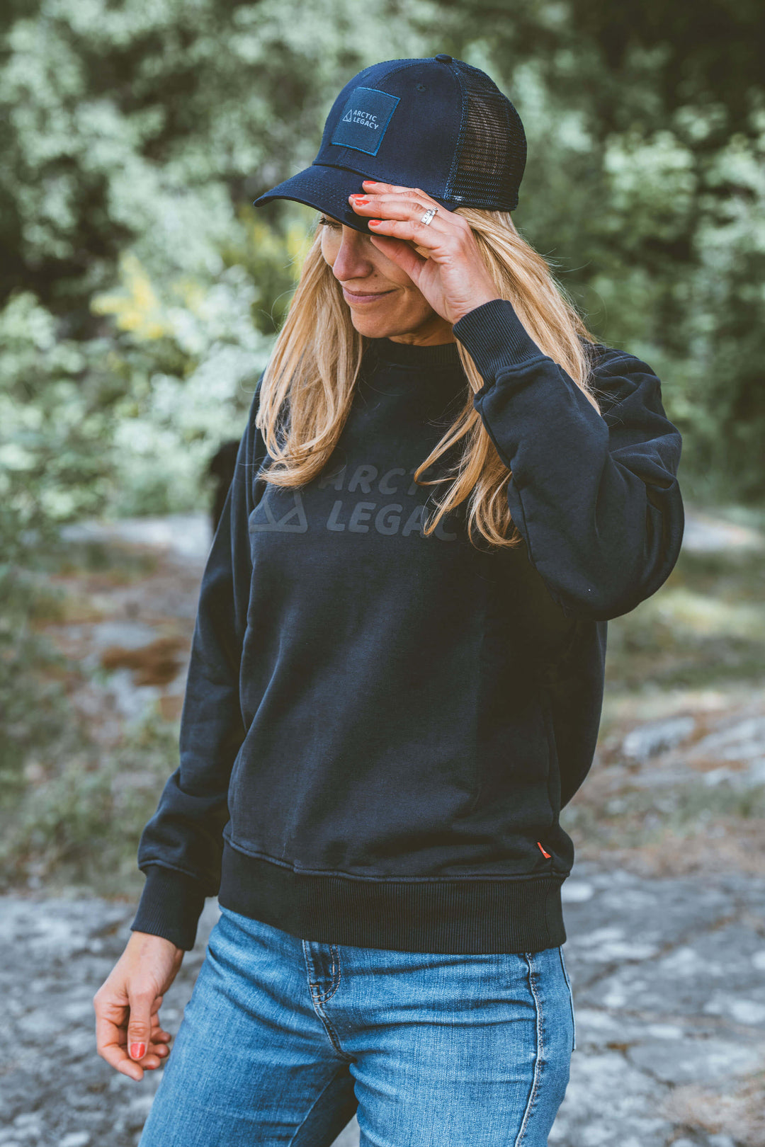 Women’s blue sweatshirt - front view of the Arctic Legacy Ember Organic Crew Sweater#color_dark-navy