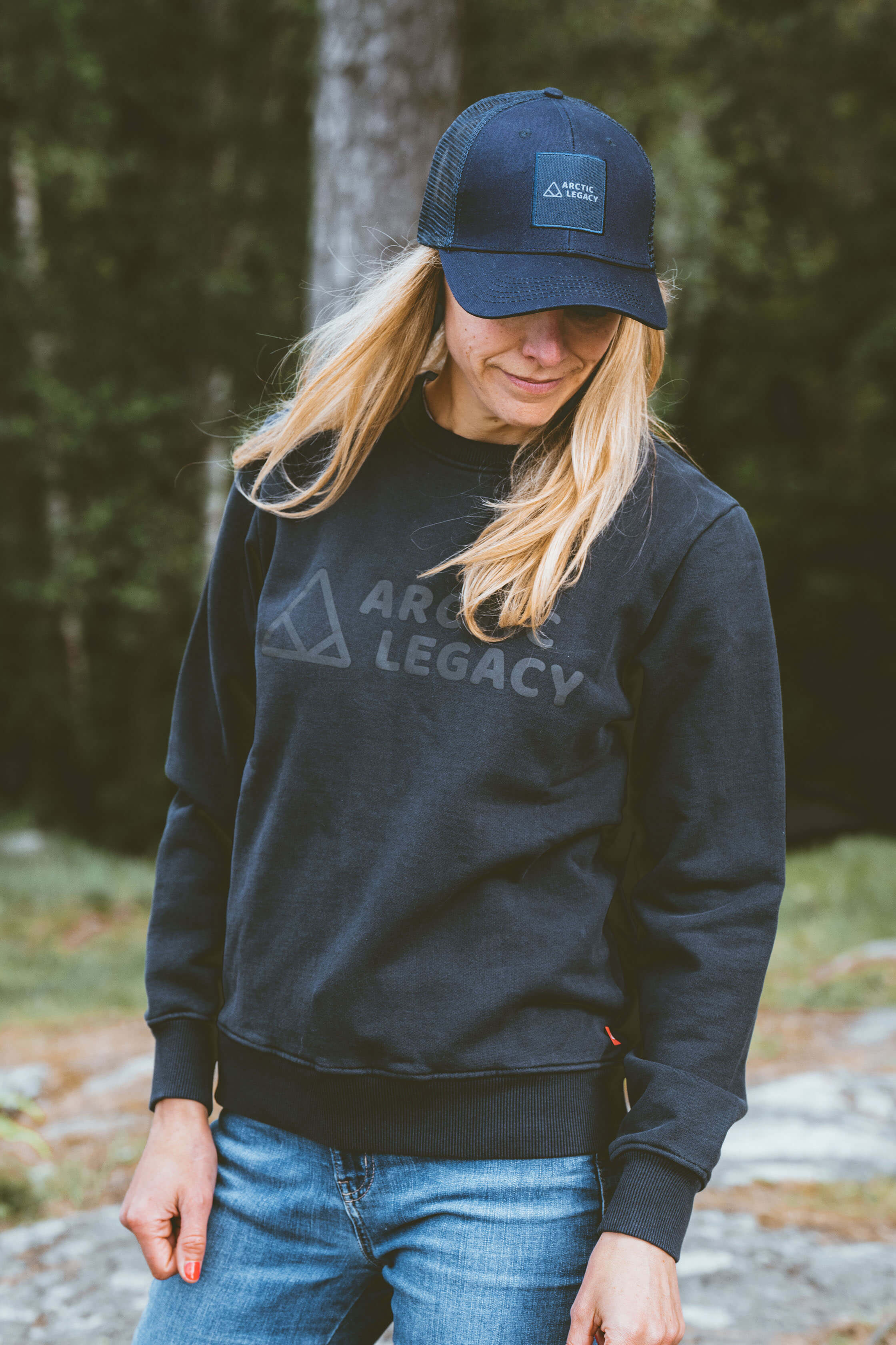 Women’s blue sweatshirt - front view of the Arctic Legacy Ember Organic Crew Sweater#color_dark-navy