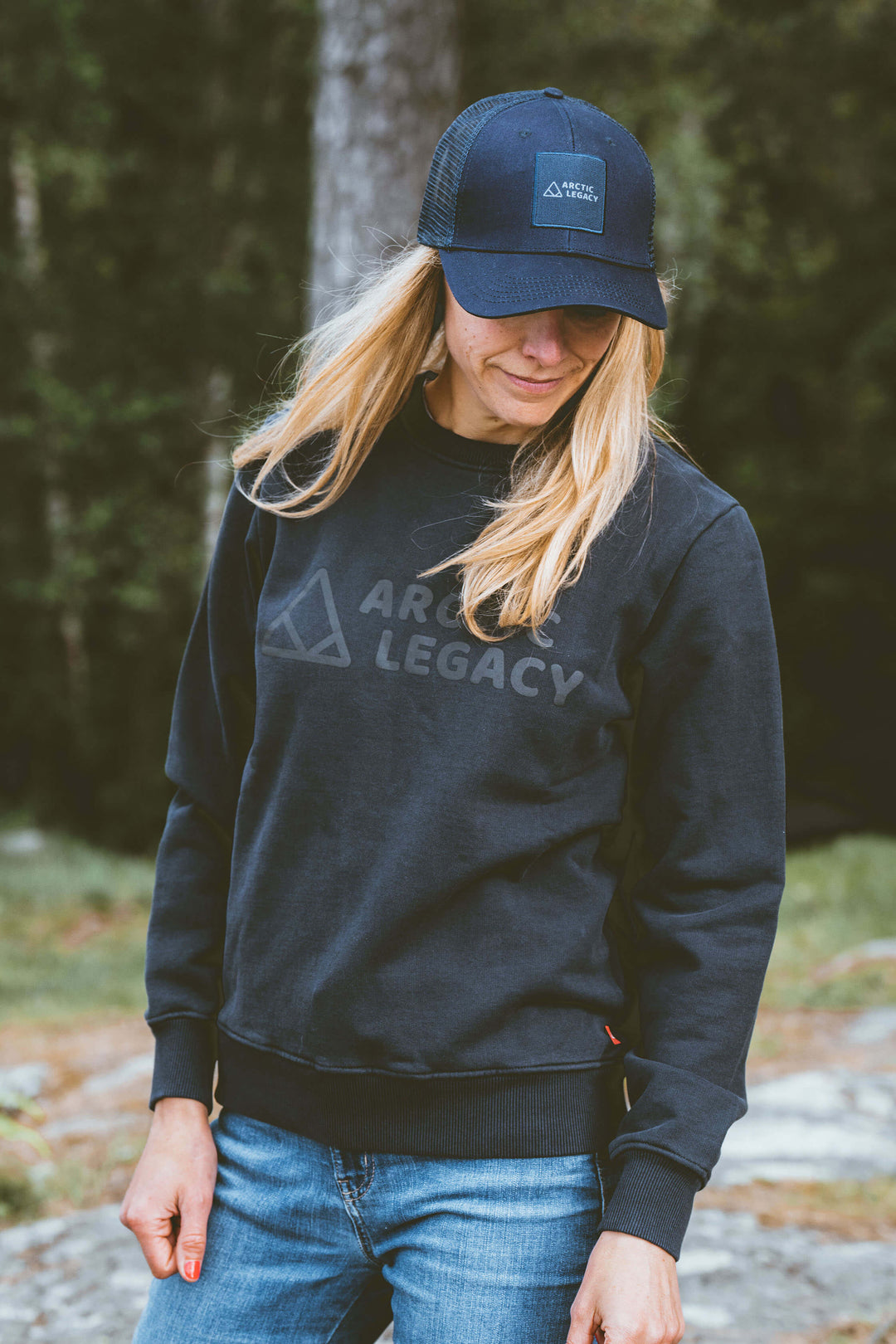 Women’s blue sweatshirt - front view of the Arctic Legacy Ember Organic Crew Sweater#color_dark-navy