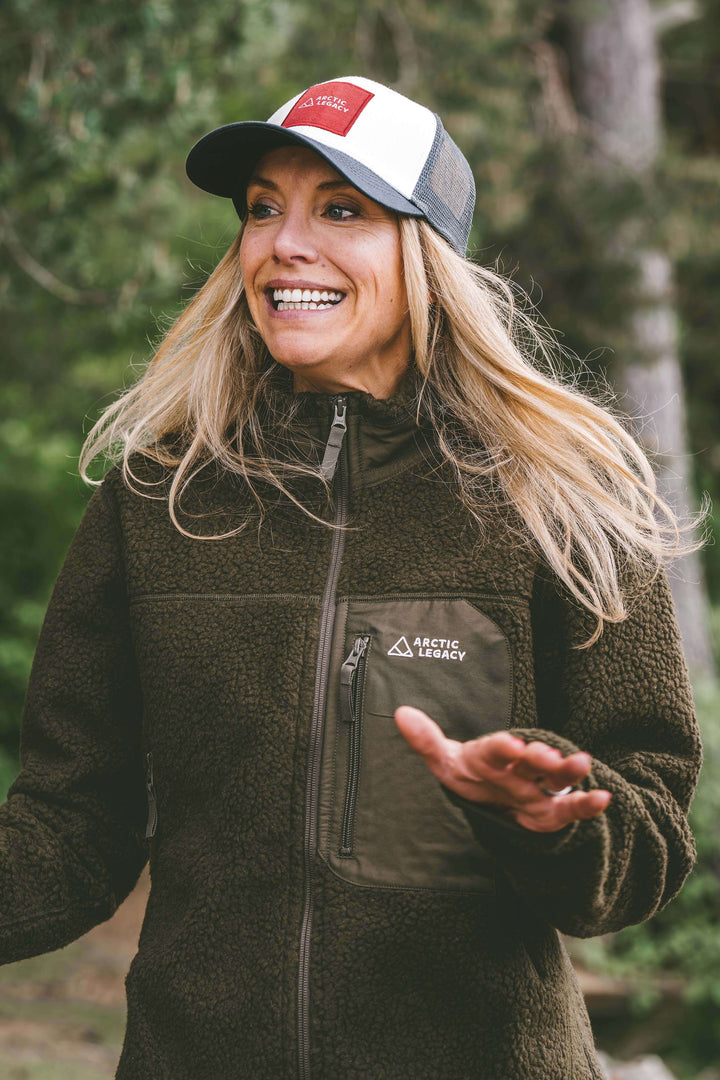 women's green pile fleece jacket - front view of the Arctic Legacy Kima Explorer Pile Jacket#color_dark-army-green