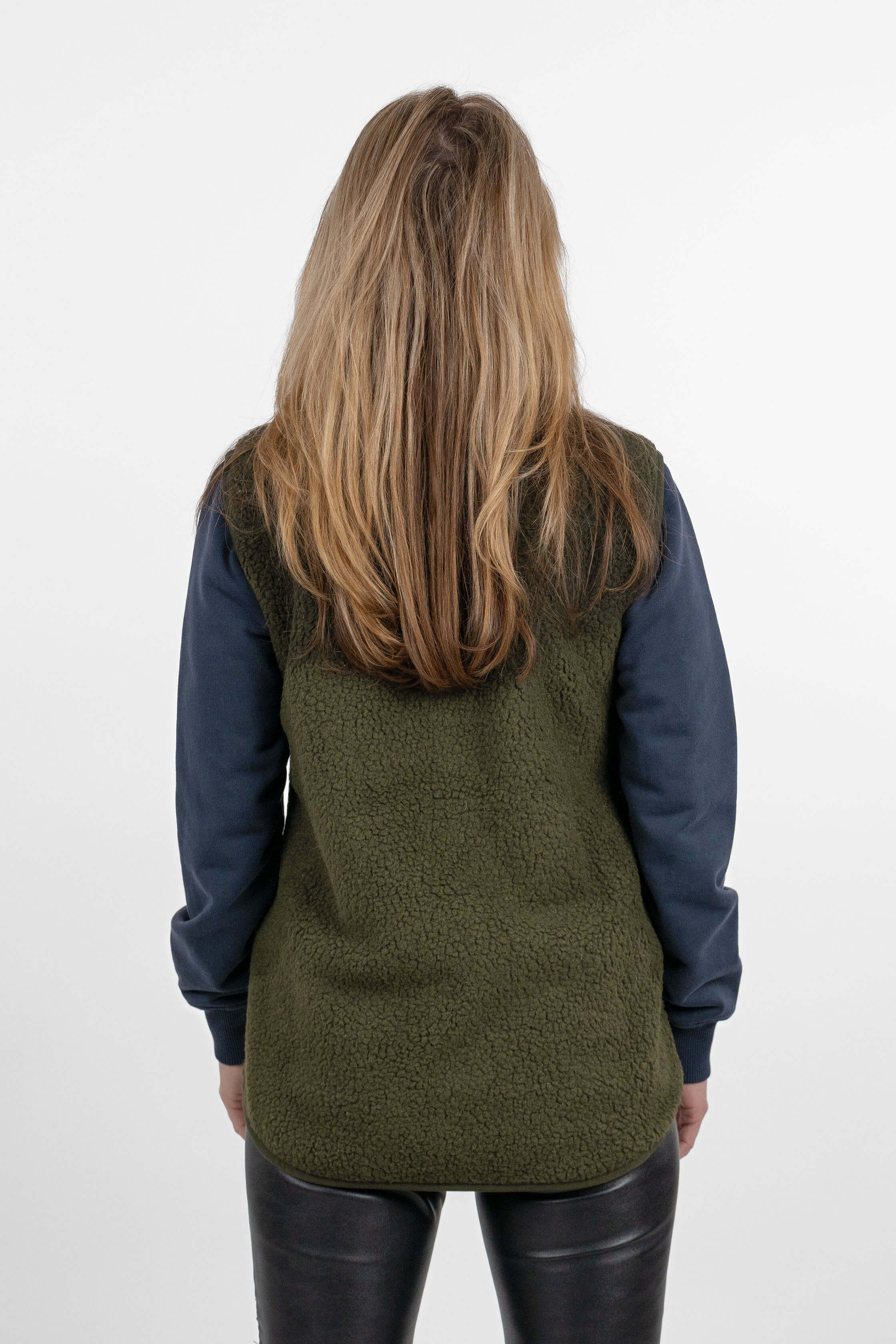 women's green pile fleece vest - back view of the Arctic Legacy Kima Explorer Pile Vest#color_dark-army-green