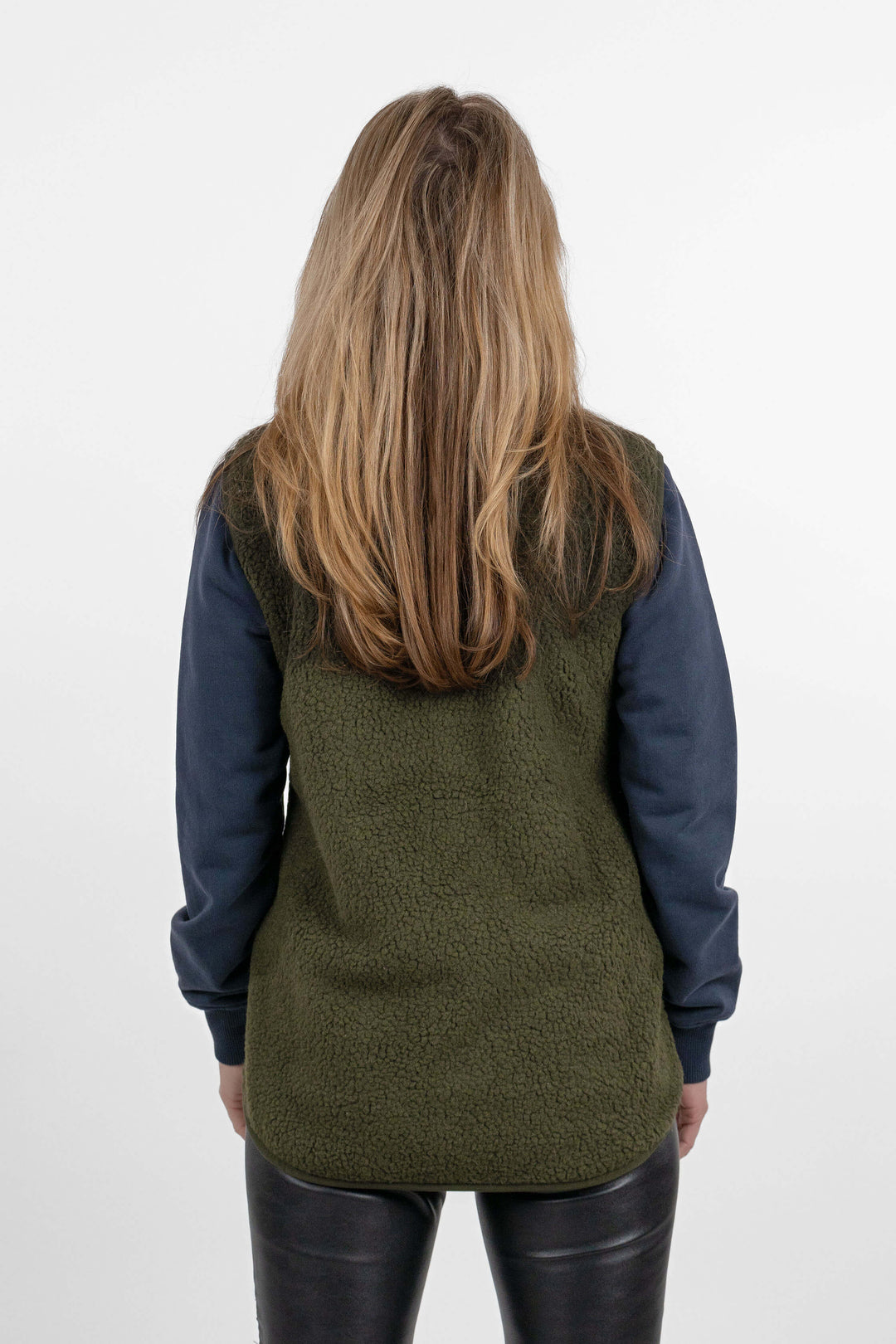 women's green pile fleece vest - back view of the Arctic Legacy Kima Explorer Pile Vest#color_dark-army-green