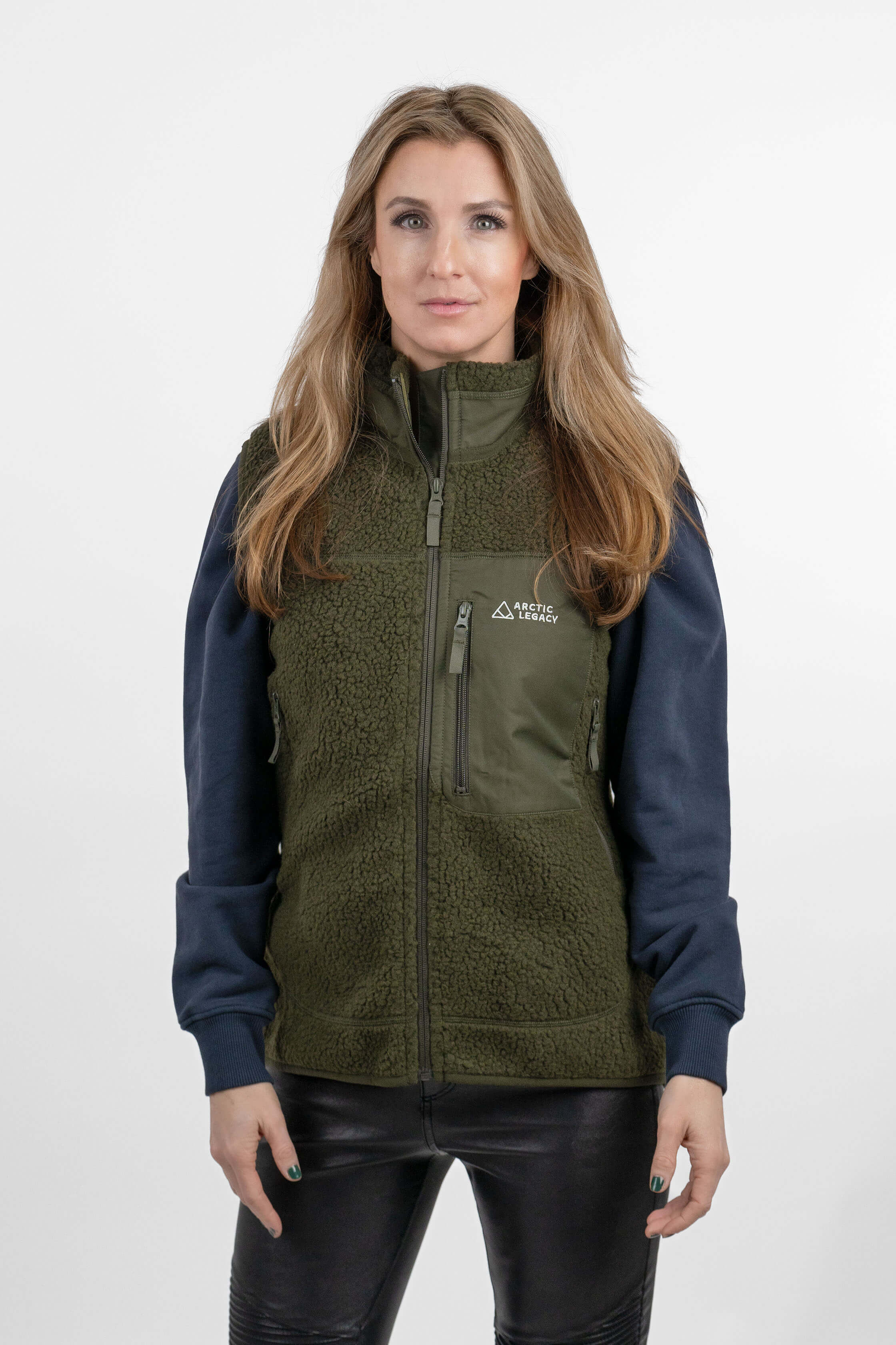 women's green pile fleece vest - front view of the Arctic Legacy Kima Explorer Pile Vest#color_dark-army-green