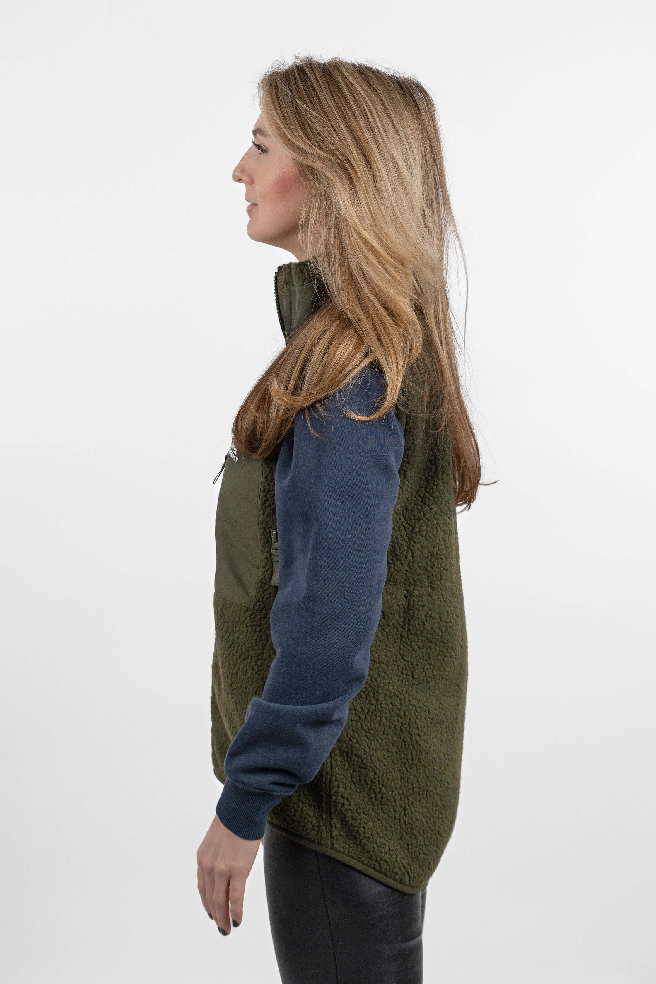 women's green pile fleece vest - side view of the Arctic Legacy Kima Explorer Pile Vest#color_dark-army-green