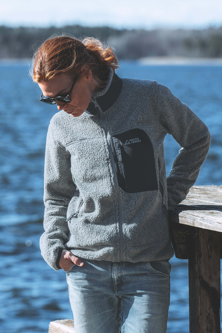 women's grey pile fleece jacket - front view of the Arctic Legacy Kima Explorer Pile Jacket#color_silver-ash