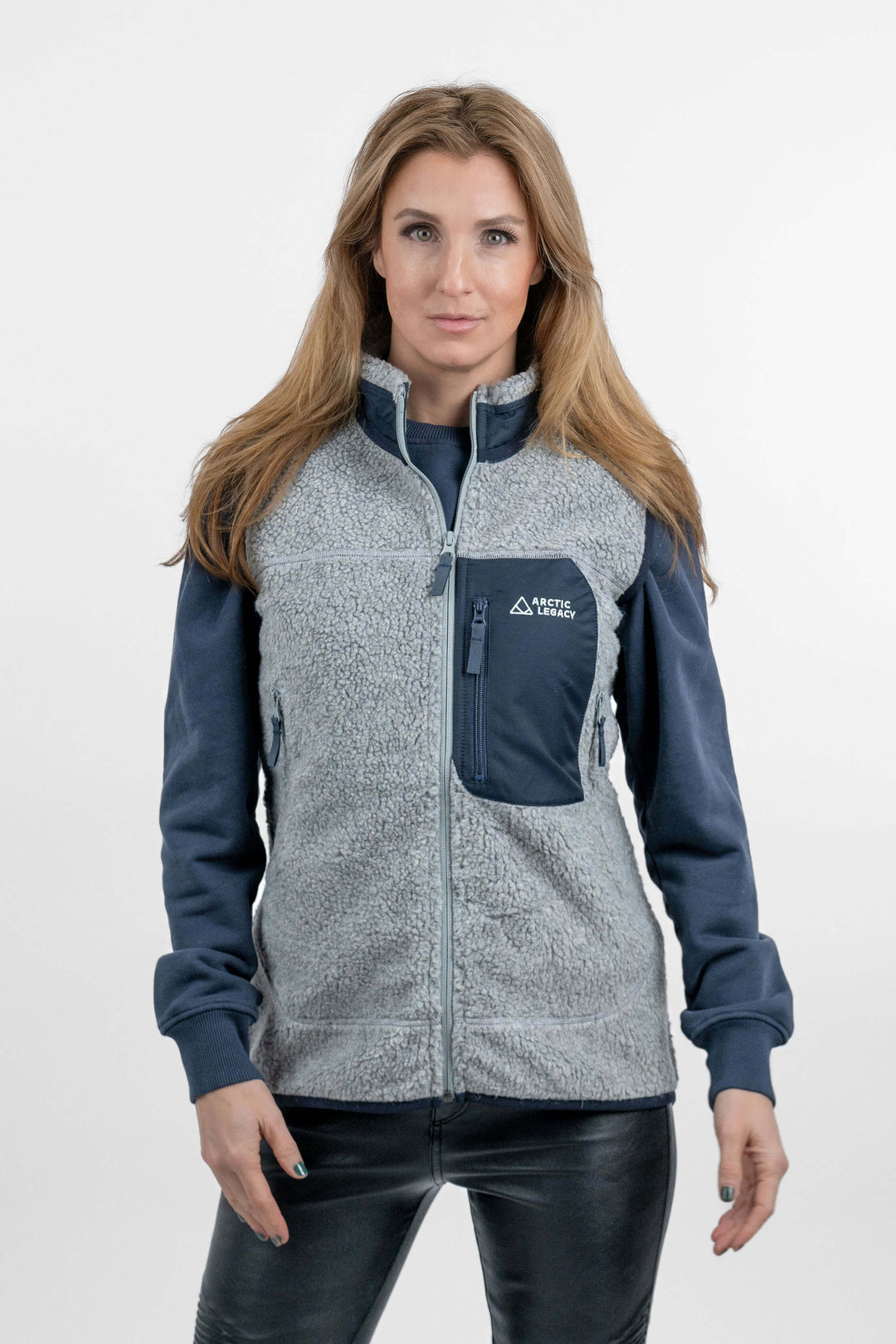 women's grey pile fleece vest - front view of the Arctic Legacy Kima Explorer Pile Vest#color_silver-ash