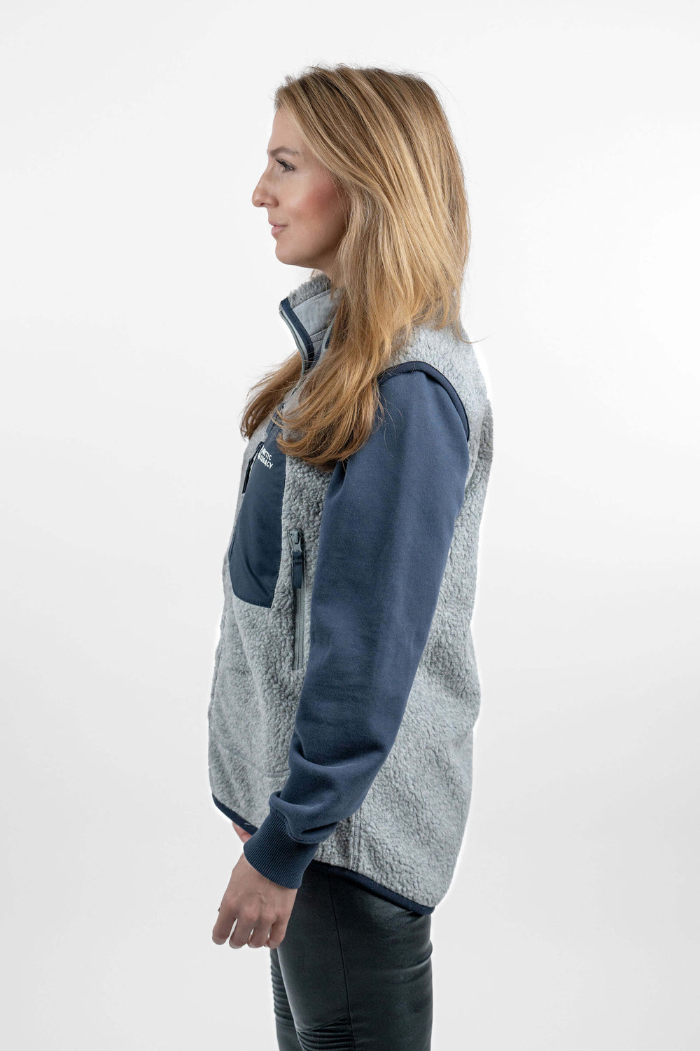 women's grey pile fleece vest - side view of the Arctic Legacy Kima Explorer Pile Vest#color_silver-ash