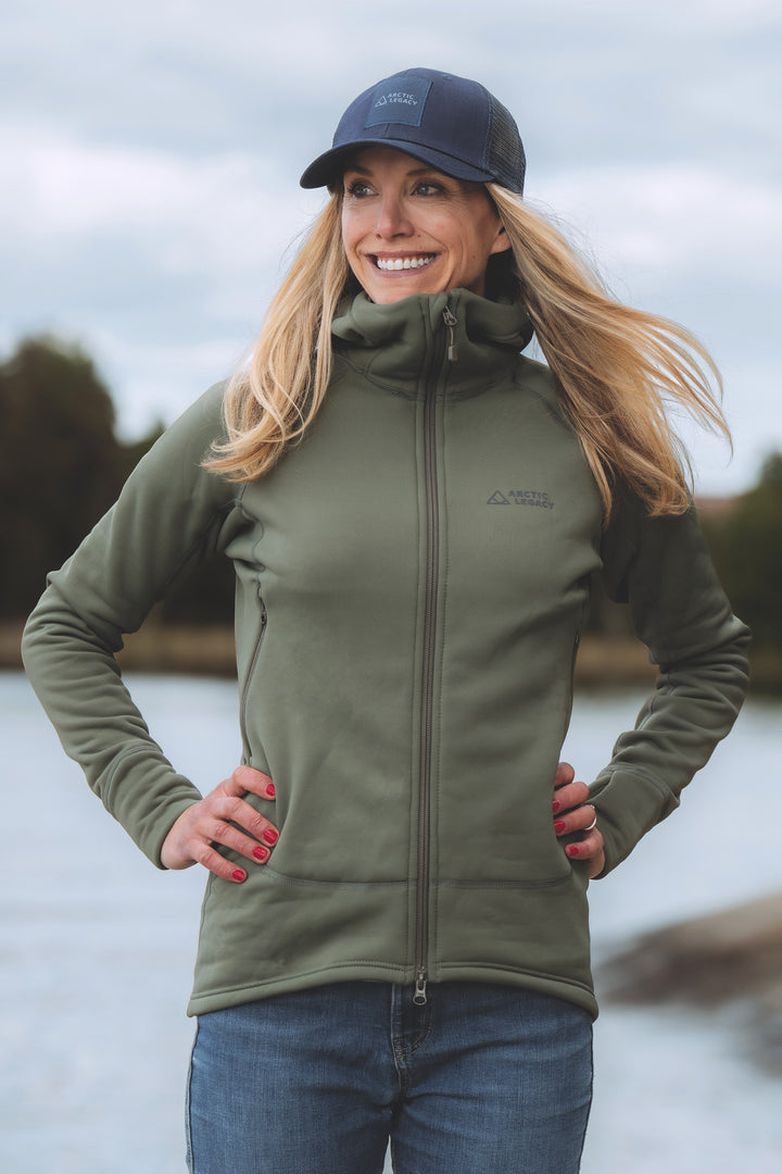 Women's green fleece jacket - front view of the Arctic Legacy Nanuk Pro Fleece Hoodie#color_dusty-olive