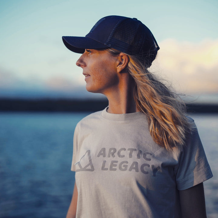 Women's grey t-shirt - front view of the Arctic Legacy Milo Organic Tee#color_northern-droplet