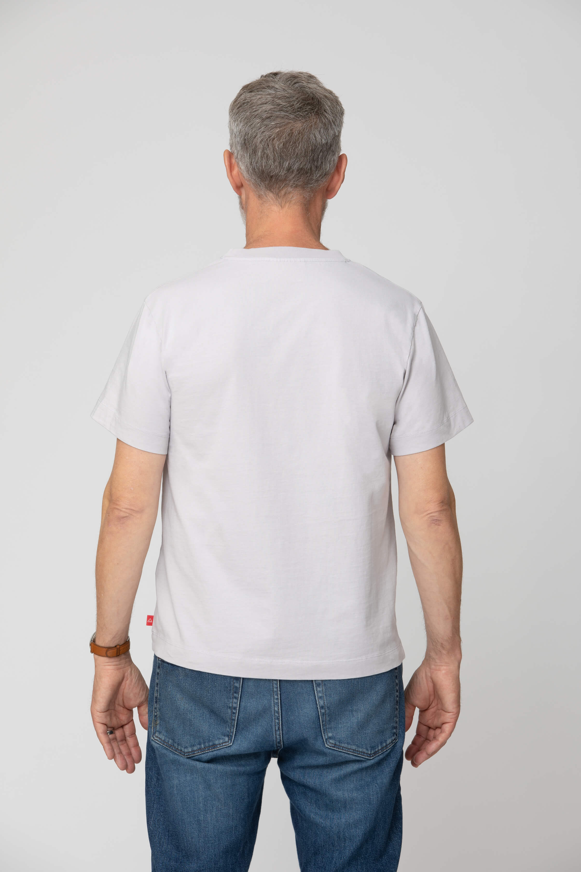 Men's grey t-shirt - back view of the Arctic Legacy Milo Organic Tee#color_northern-droplet