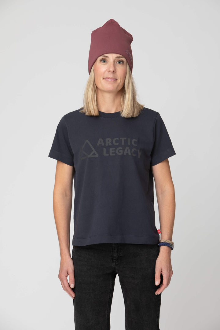 Women's blue t-shirt - front view of the Arctic Legacy Milo Organic Tee#color_dark-navy