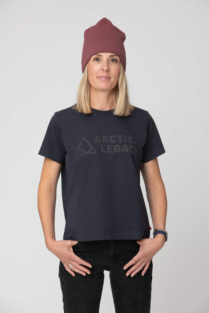 Women's blue t-shirt - front view of the Arctic Legacy Milo Organic Tee#color_dark-navy