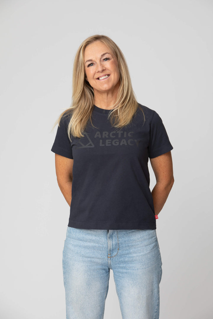 Women's blue t-shirt - front view of the Arctic Legacy Milo Organic Tee#color_dark-navy