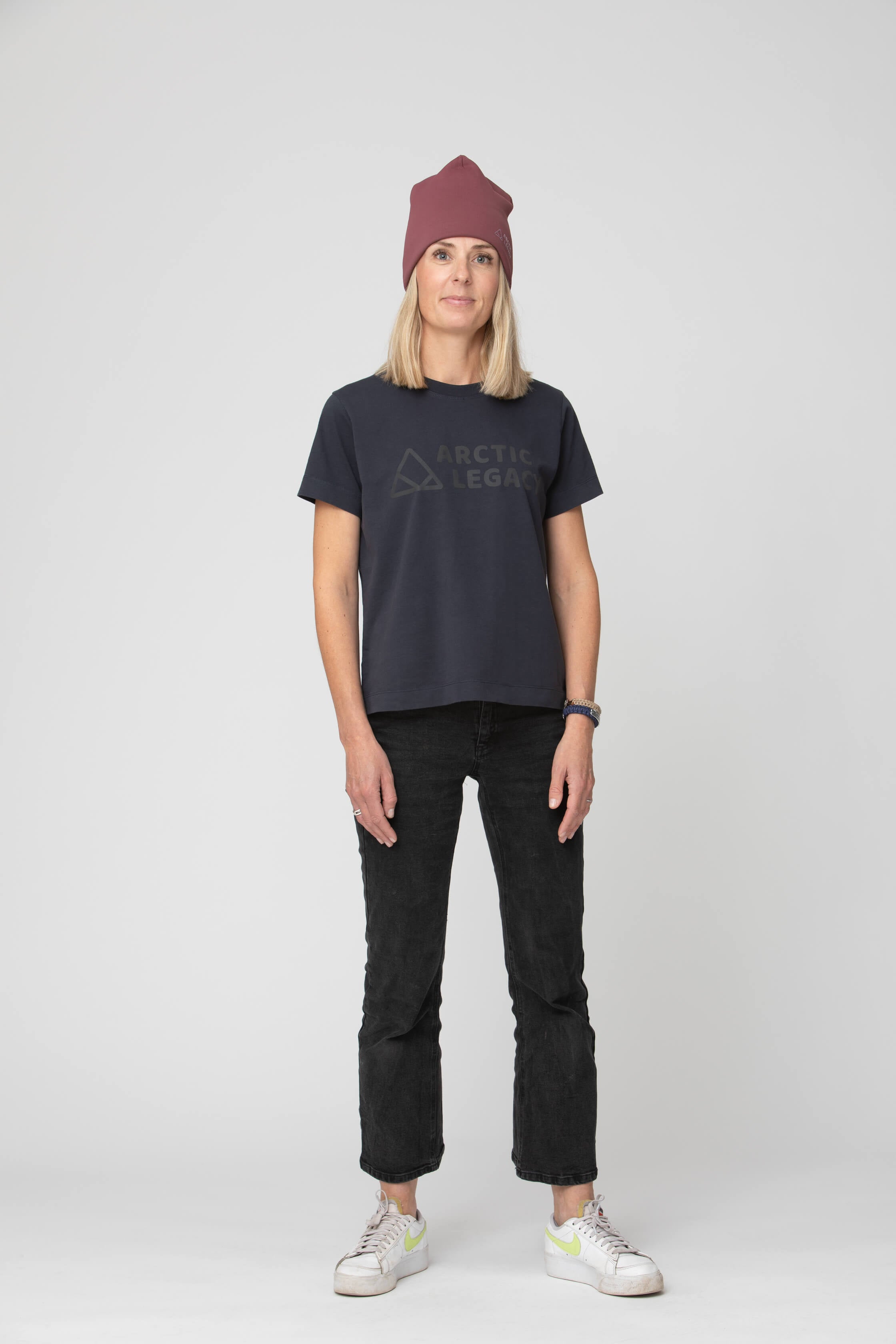 Women's blue t-shirt - front view of the Arctic Legacy Milo Organic Tee#color_dark-navy