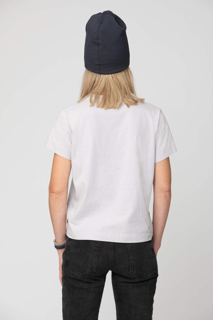 Women's grey t-shirt - back view of the Arctic Legacy Milo Organic Tee#color_northern-droplet