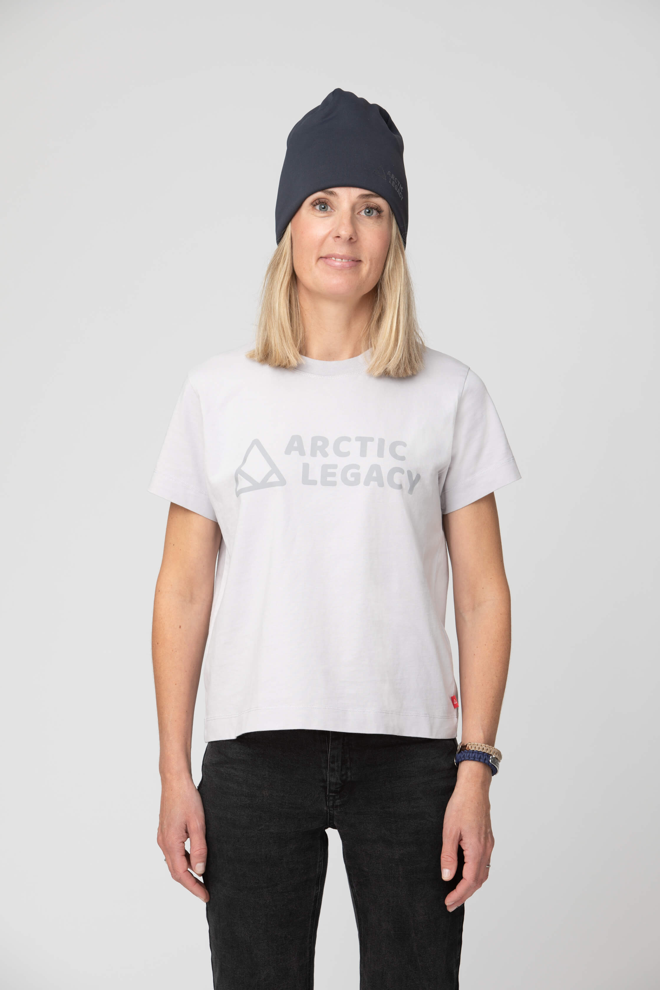 Women's grey t-shirt - front view of the Arctic Legacy Milo Organic Tee#color_northern-droplet