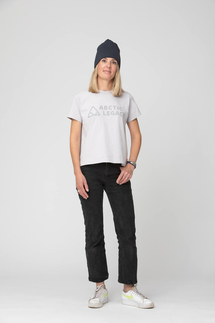 Women's grey t-shirt - front view of the Arctic Legacy Milo Organic Tee#color_northern-droplet