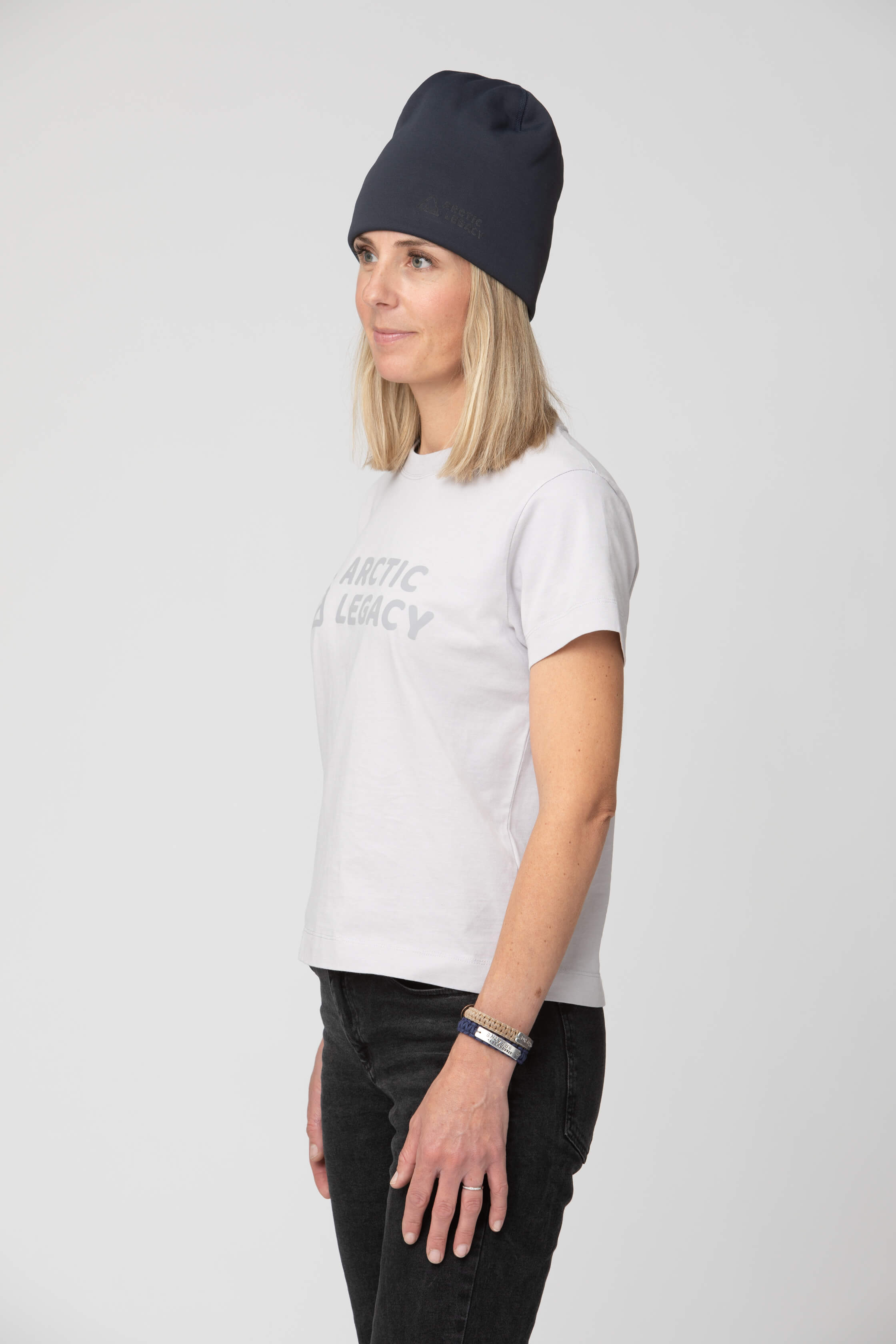 Women's grey t-shirt - side view of the Arctic Legacy Milo Organic Tee#color_northern-droplet
