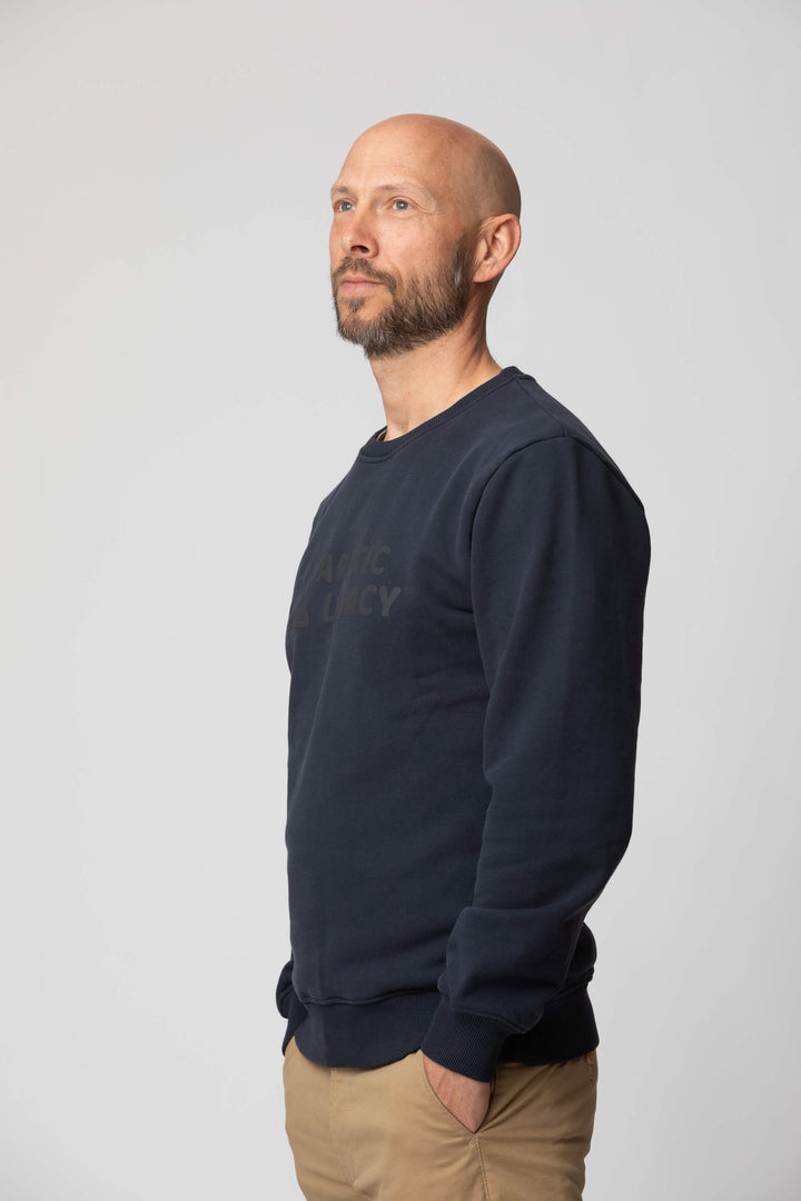 Men’s blue sweatshirt - side view of the Arctic Legacy Ember Organic Crew Sweater#color_dark-navy